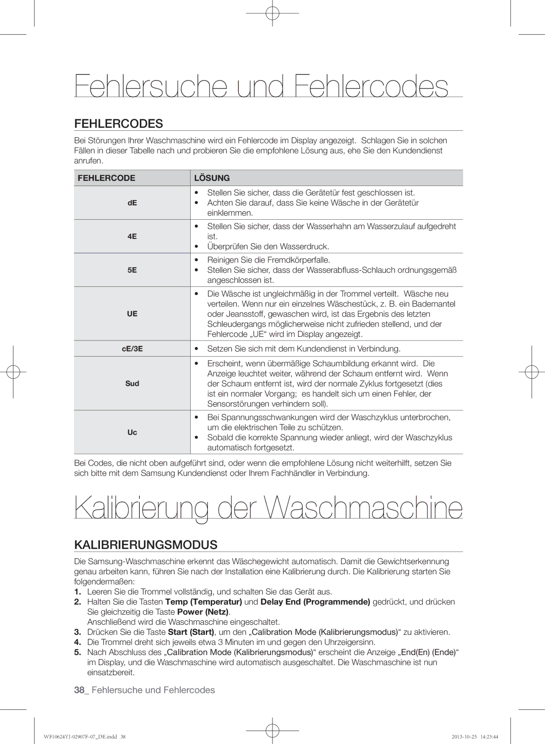 Samsung WF10694YJV/XEG, WF10634YJV/XEG Fehlersuche und Fehlercodes, Kalibrierung der Waschmaschine, Kalibrierungsmodus 