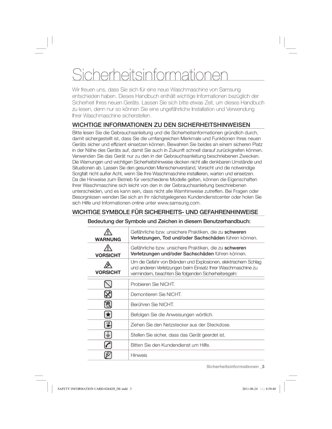 Samsung WF10734Y8E/XEG, WF10794Y8E/XEG, WF10784Y8E/XEG manual Wichtige Informationen ZU DEN Sicherheitshinweisen 