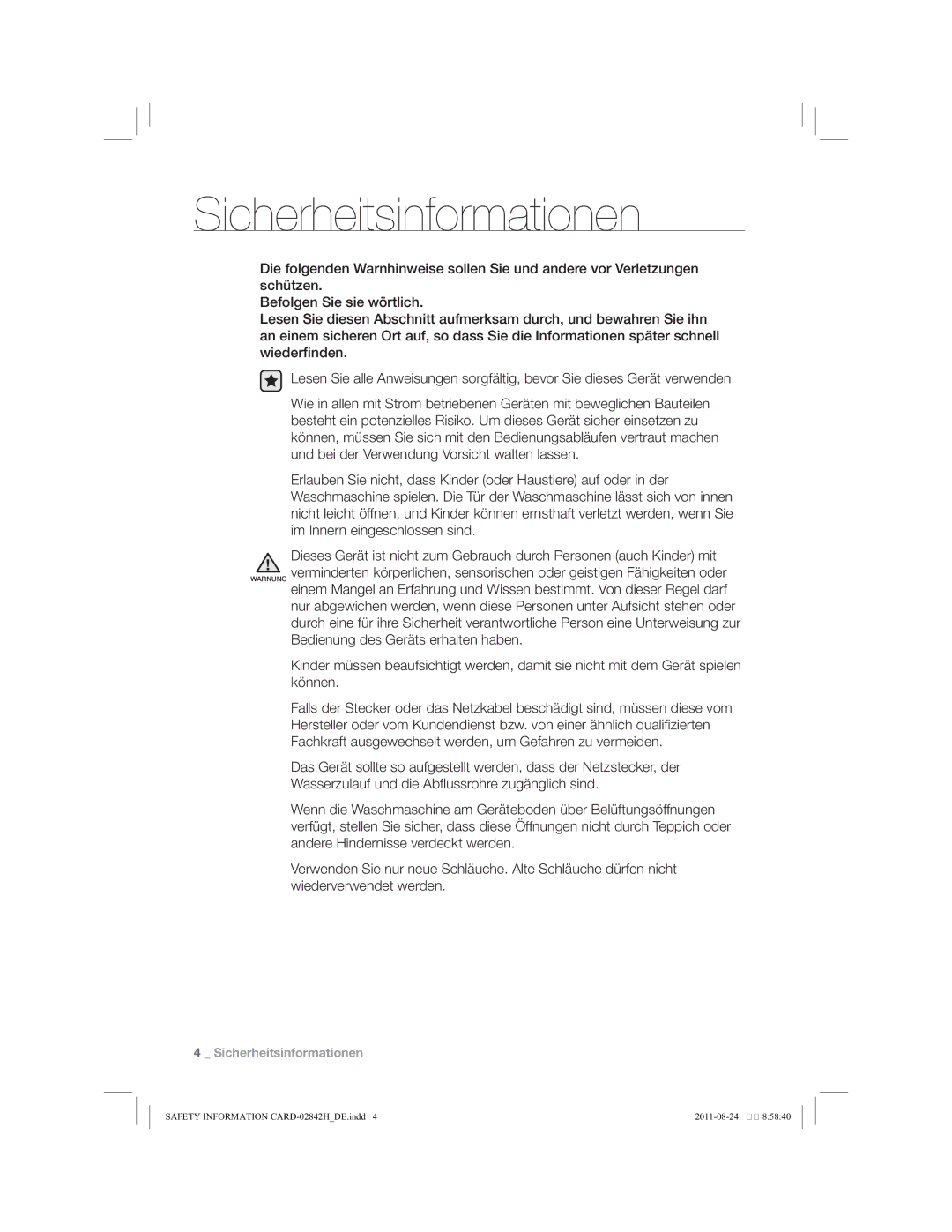 Samsung WF10784Y8E/XEG, WF10794Y8E/XEG, WF10734Y8E/XEG manual Safety Information CARD-02842HDE.indd 