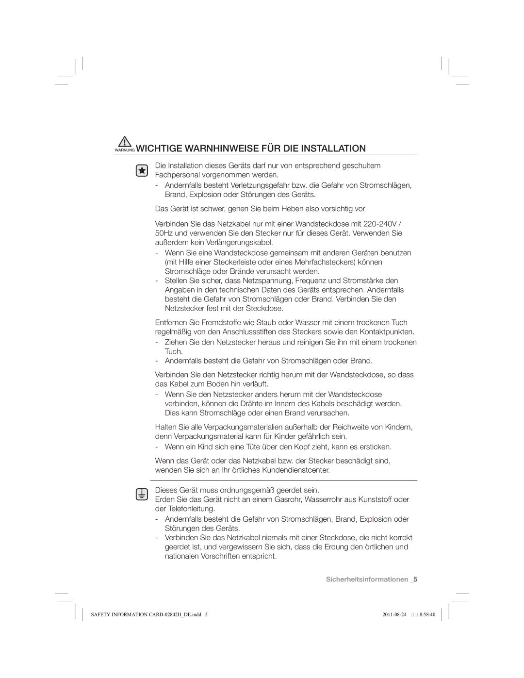 Samsung WF10794Y8E/XEG, WF10734Y8E/XEG, WF10784Y8E/XEG manual Warnung Wichtige Warnhinweise FÜR DIE Installation 