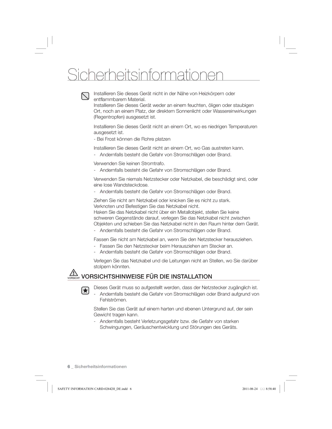 Samsung WF10734Y8E/XEG, WF10794Y8E/XEG, WF10784Y8E/XEG manual Vorsicht Vorsichtshinweise FÜR DIE Installation 