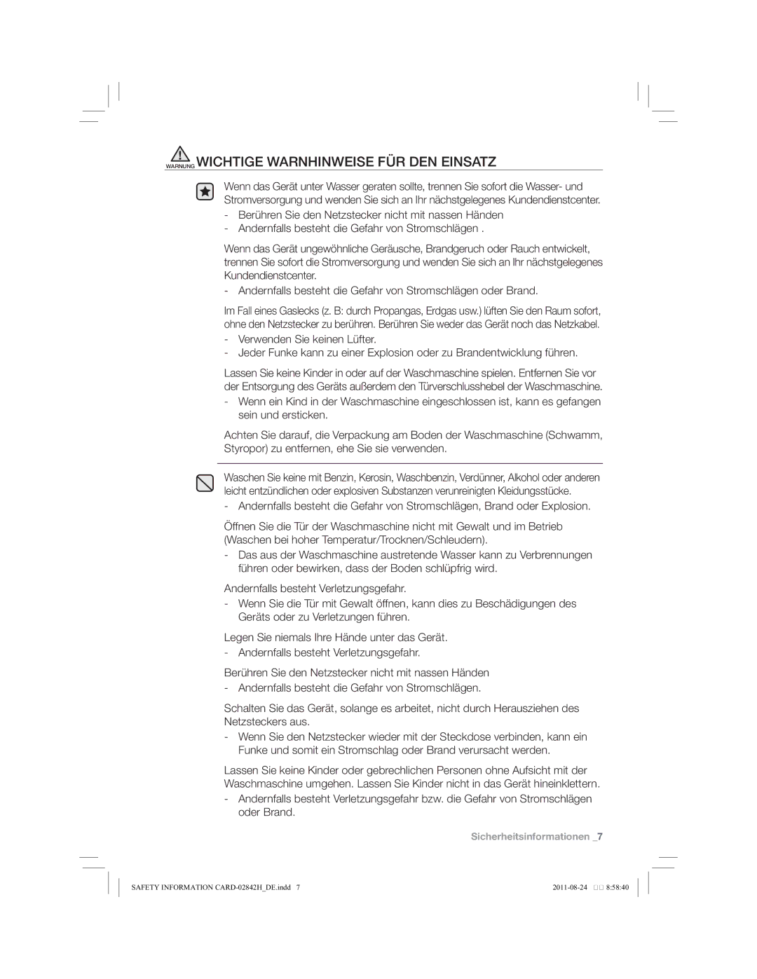 Samsung WF10784Y8E/XEG, WF10794Y8E/XEG, WF10734Y8E/XEG manual Warnung Wichtige Warnhinweise FÜR DEN Einsatz 