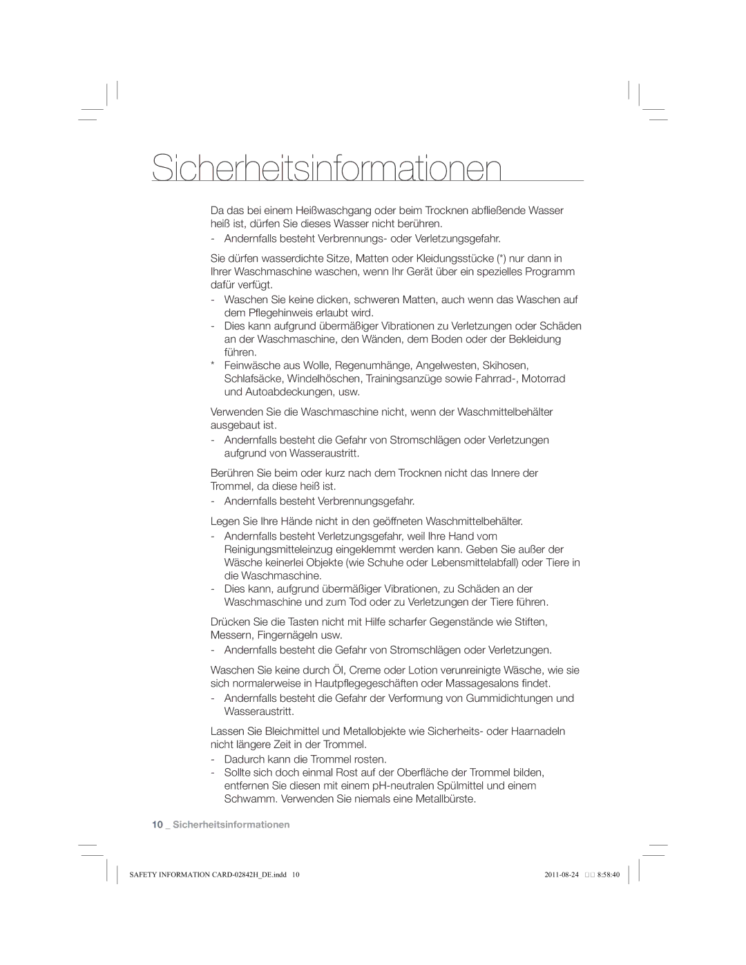 Samsung WF10784Y8E/XEG, WF10794Y8E/XEG, WF10734Y8E/XEG manual Sicherheitsinformationen 