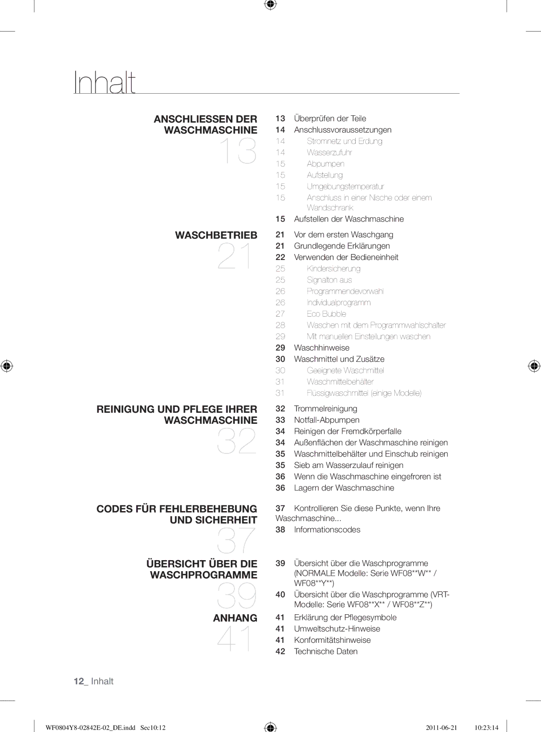 Samsung WF10824Z8V/XEG manual Inhalt 