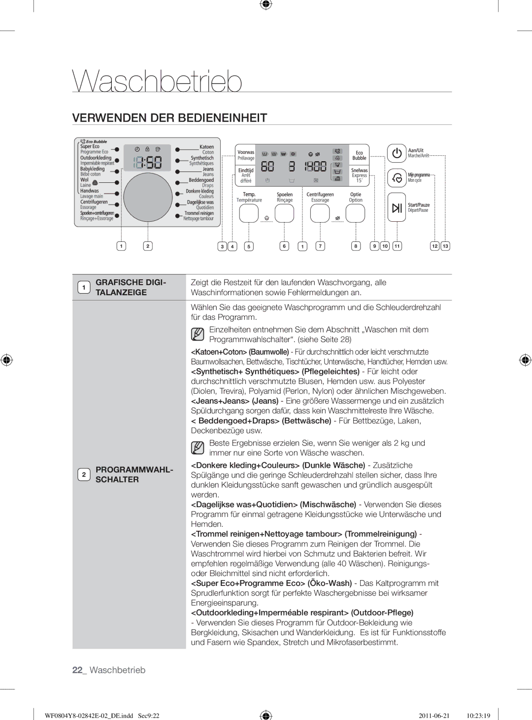 Samsung WF10824Z8V/XEG manual Verwenden DER Bedieneinheit, Grafische Digi, Talanzeige, Programmwahl, Schalter 