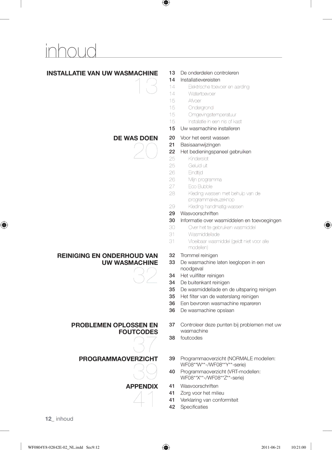 Samsung WF10824Z8V/XEG manual Inhoud 