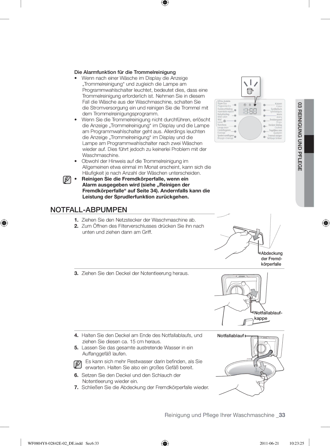 Samsung WF10824Z8V/XEG manual Notfall-Abpumpen, Die Alarmfunktion für die Trommelreinigung 