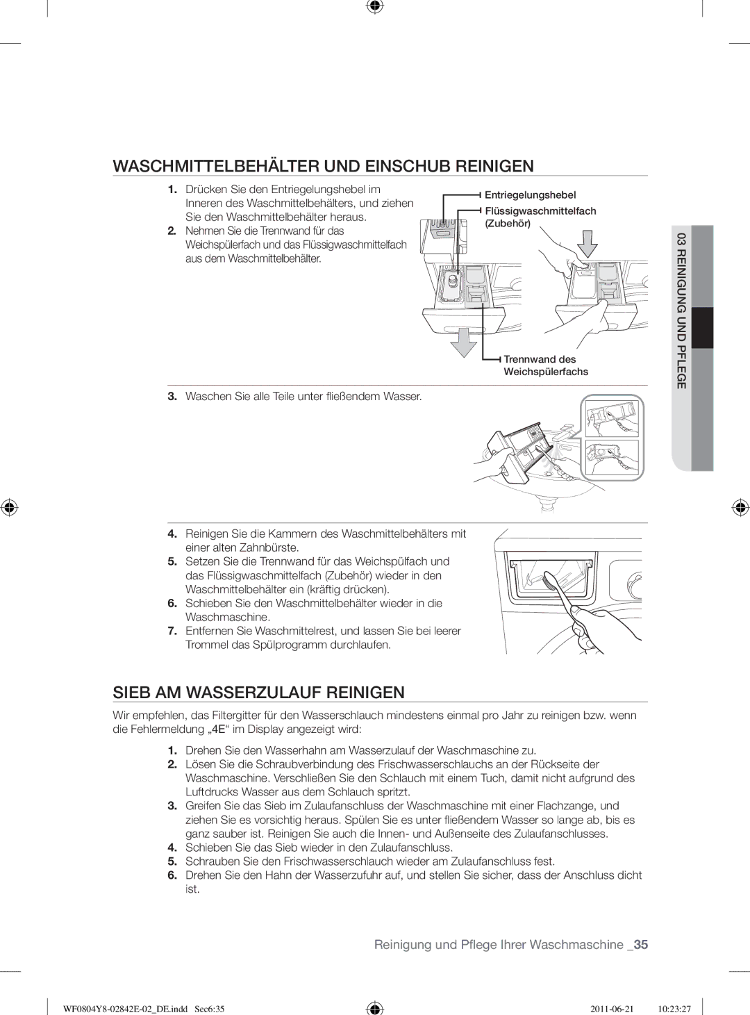 Samsung WF10824Z8V/XEG manual Waschmittelbehälter UND Einschub Reinigen, Sieb AM Wasserzulauf Reinigen 