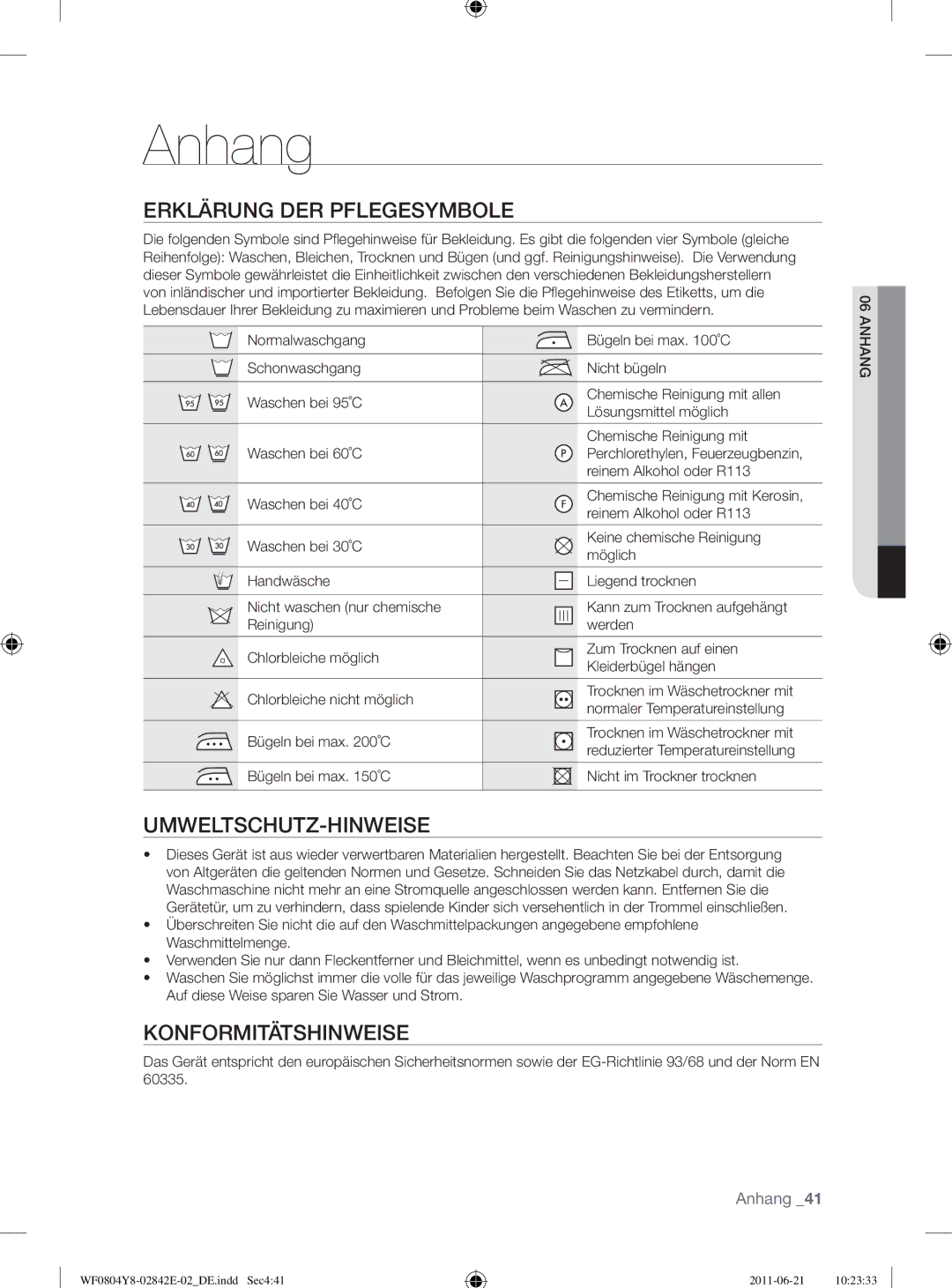 Samsung WF10824Z8V/XEG manual Anhang, Erklärung DER Pflegesymbole, Umweltschutz-Hinweise, Konformitätshinweise 