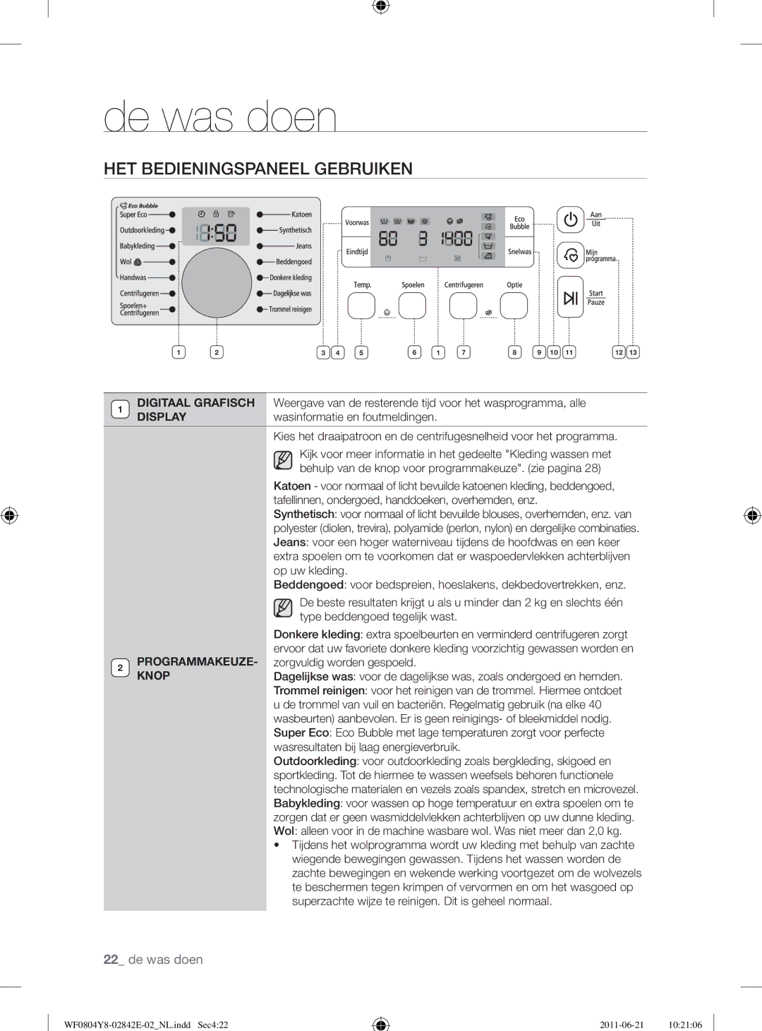 Samsung WF10824Z8V/XEG manual HET Bedieningspaneel Gebruiken, Display, Knop 