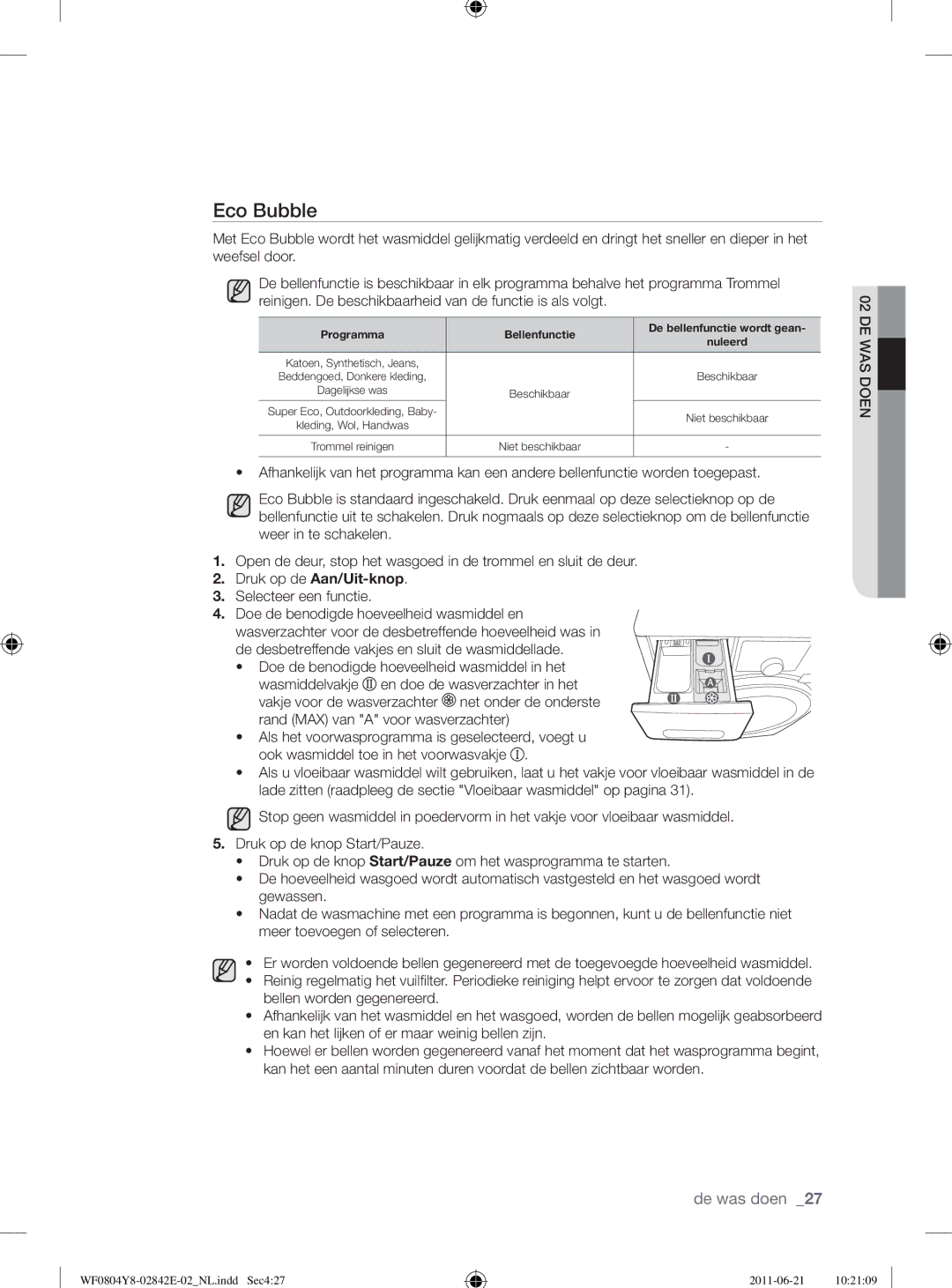 Samsung WF10824Z8V/XEG manual Programma Bellenfunctie De bellenfunctie wordt gean Nuleerd 