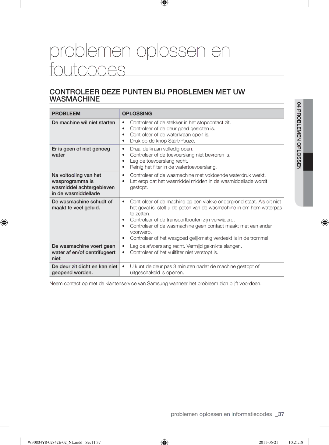 Samsung WF10824Z8V/XEG manual Problemen oplossen en foutcodes, Controleer Deze Punten BĲ Problemen MET UW Wasmachine 