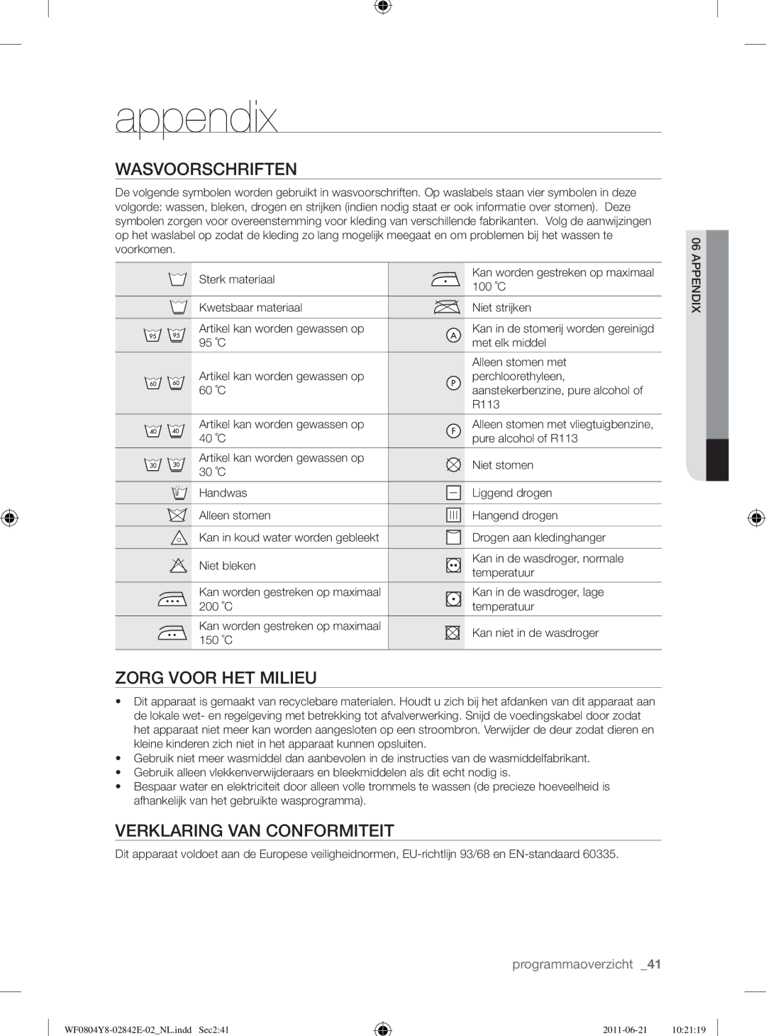 Samsung WF10824Z8V/XEG manual Appendix, Zorg Voor HET Milieu, Verklaring VAN Conformiteit 