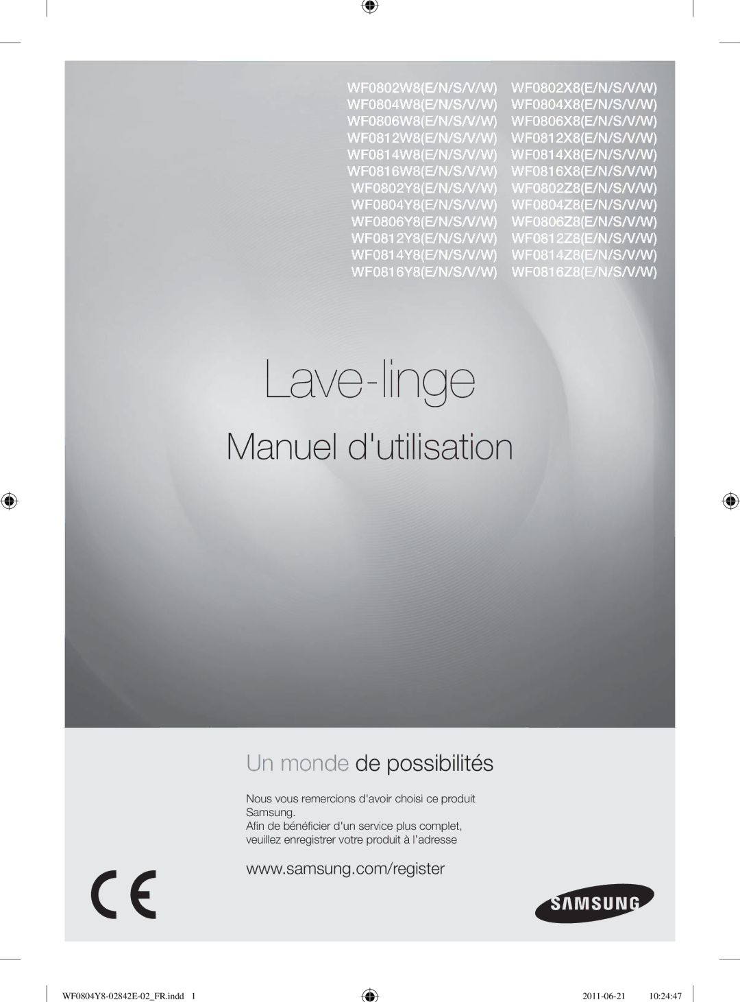 Samsung WF10824Z8V/XEG manual Lave-linge, Nous vous remercions davoir choisi ce produit Samsung 