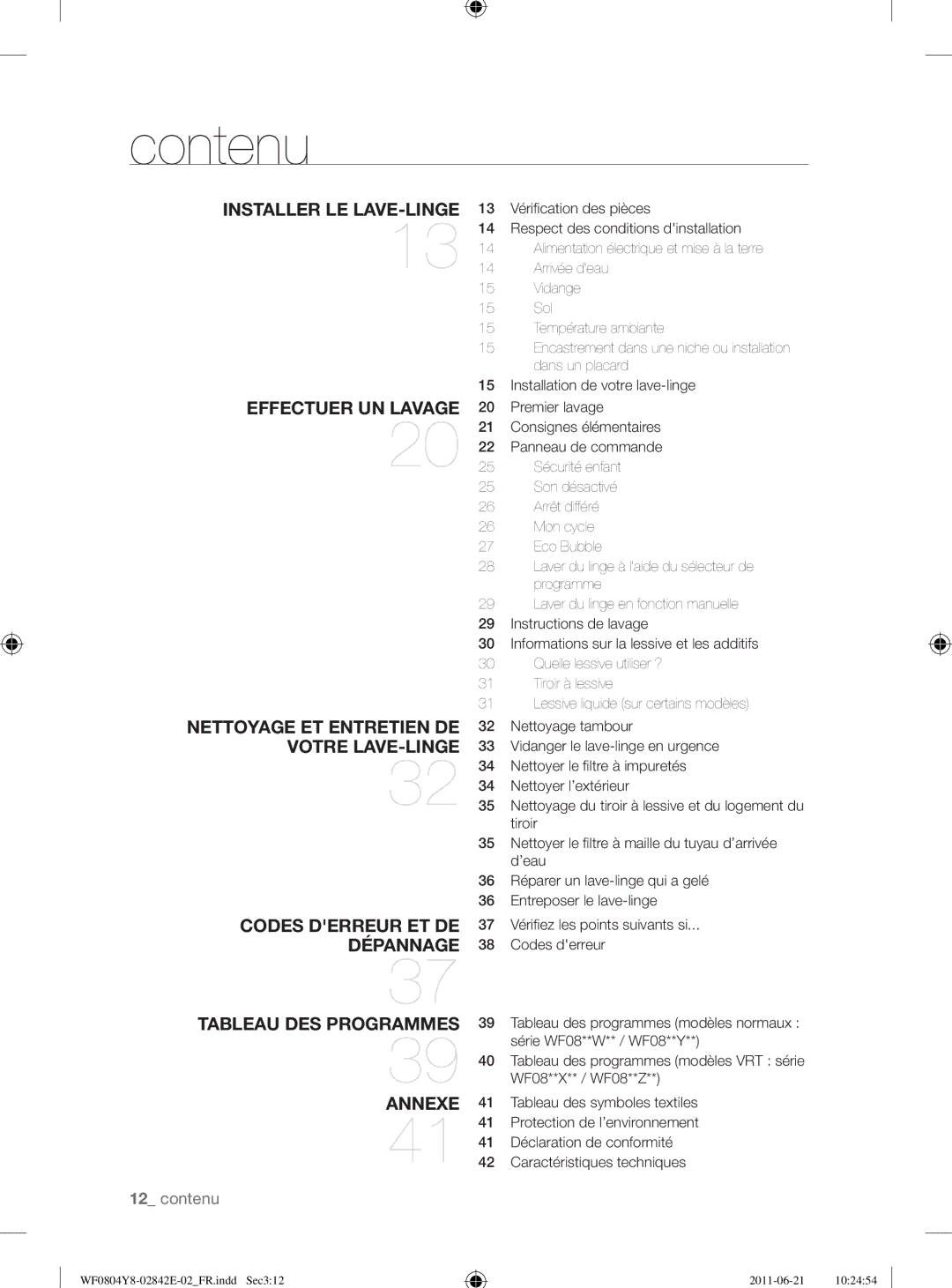 Samsung WF10824Z8V/XEG manual Contenu 