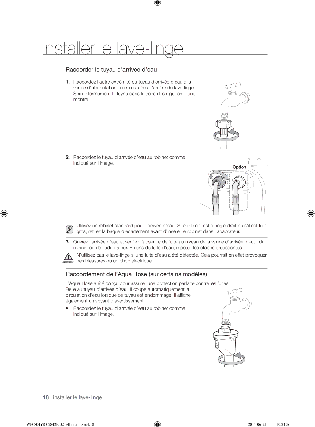 Samsung WF10824Z8V/XEG manual Raccordement de l’Aqua Hose sur certains modèles 