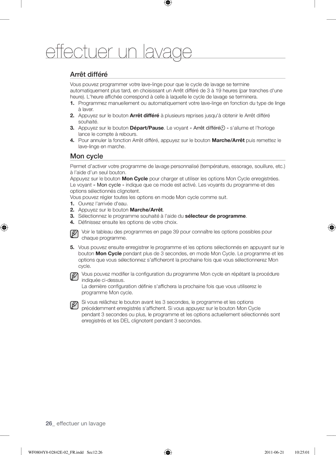 Samsung WF10824Z8V/XEG manual Arrêt différé, Mon cycle 