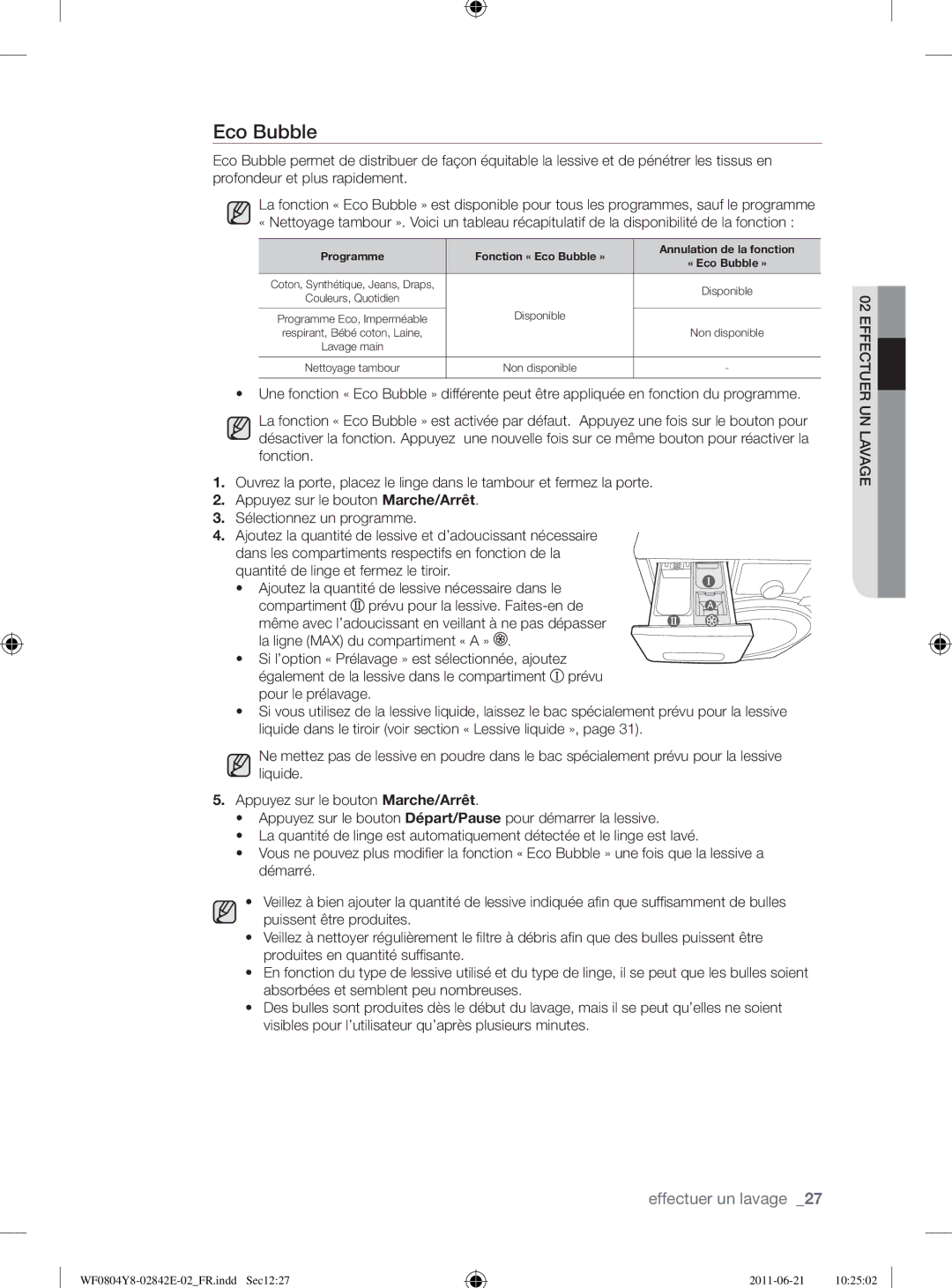 Samsung WF10824Z8V/XEG manual Programme Fonction « Eco Bubble » Annulation de la fonction 