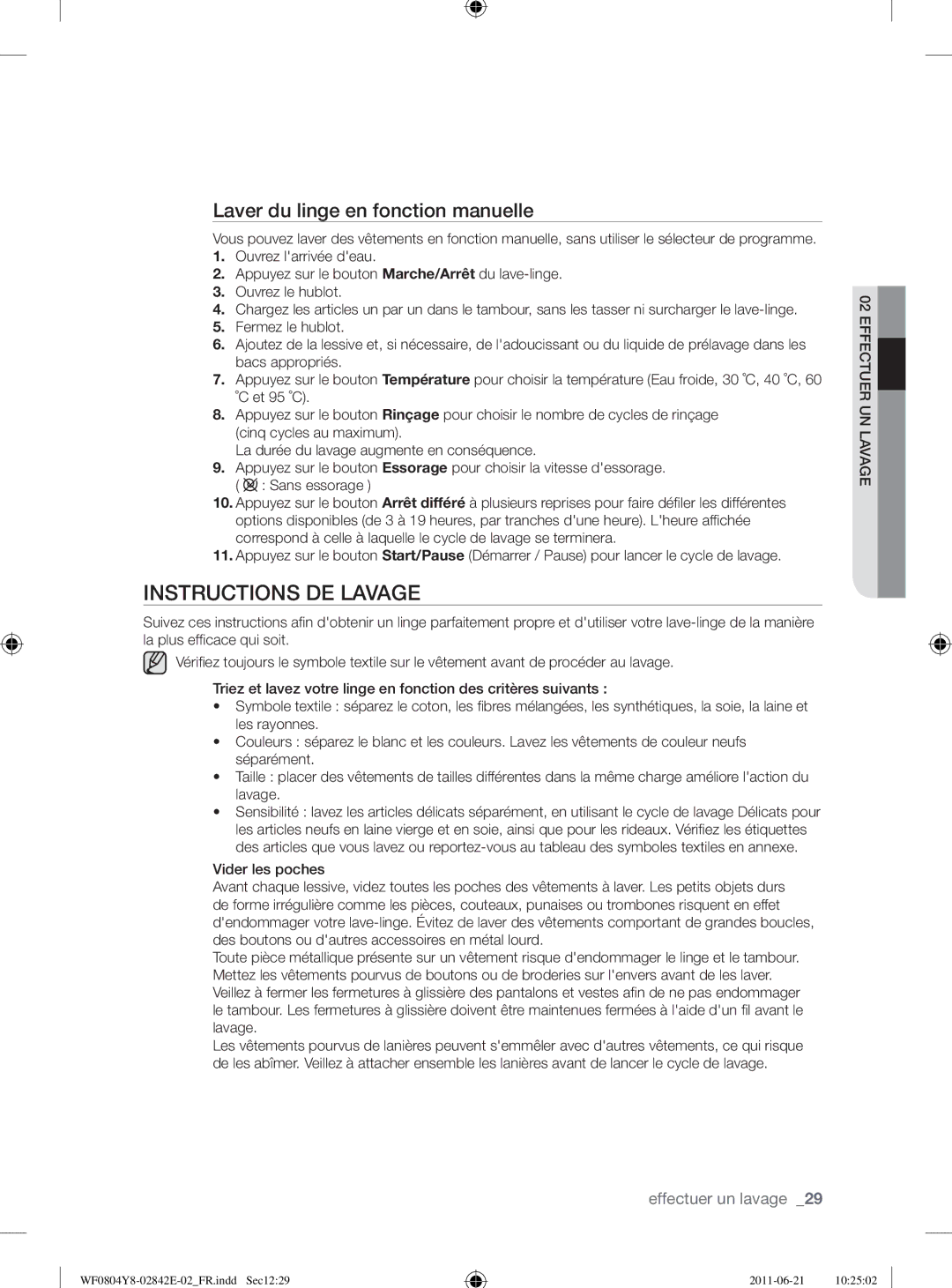 Samsung WF10824Z8V/XEG manual Instructions DE Lavage, Laver du linge en fonction manuelle 