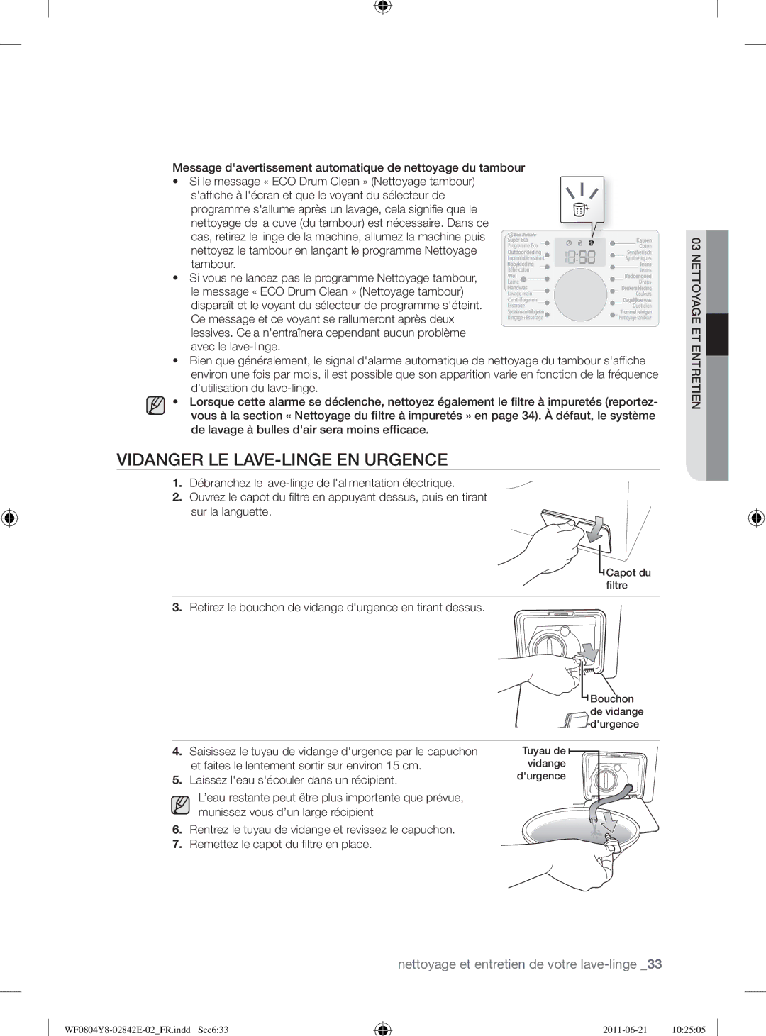 Samsung WF10824Z8V/XEG manual Vidanger LE LAVE-LINGE EN Urgence 