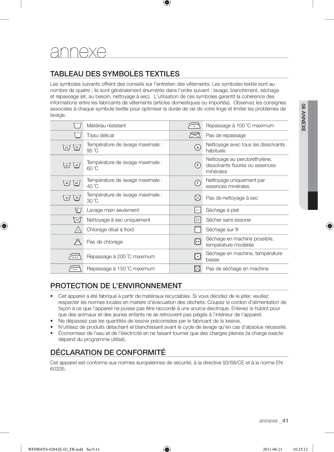 Samsung WF10824Z8V/XEG Annexe, Tableau DES Symboles Textiles, Protection DE L’ENVIRONNEMENT, Déclaration DE Conformité 