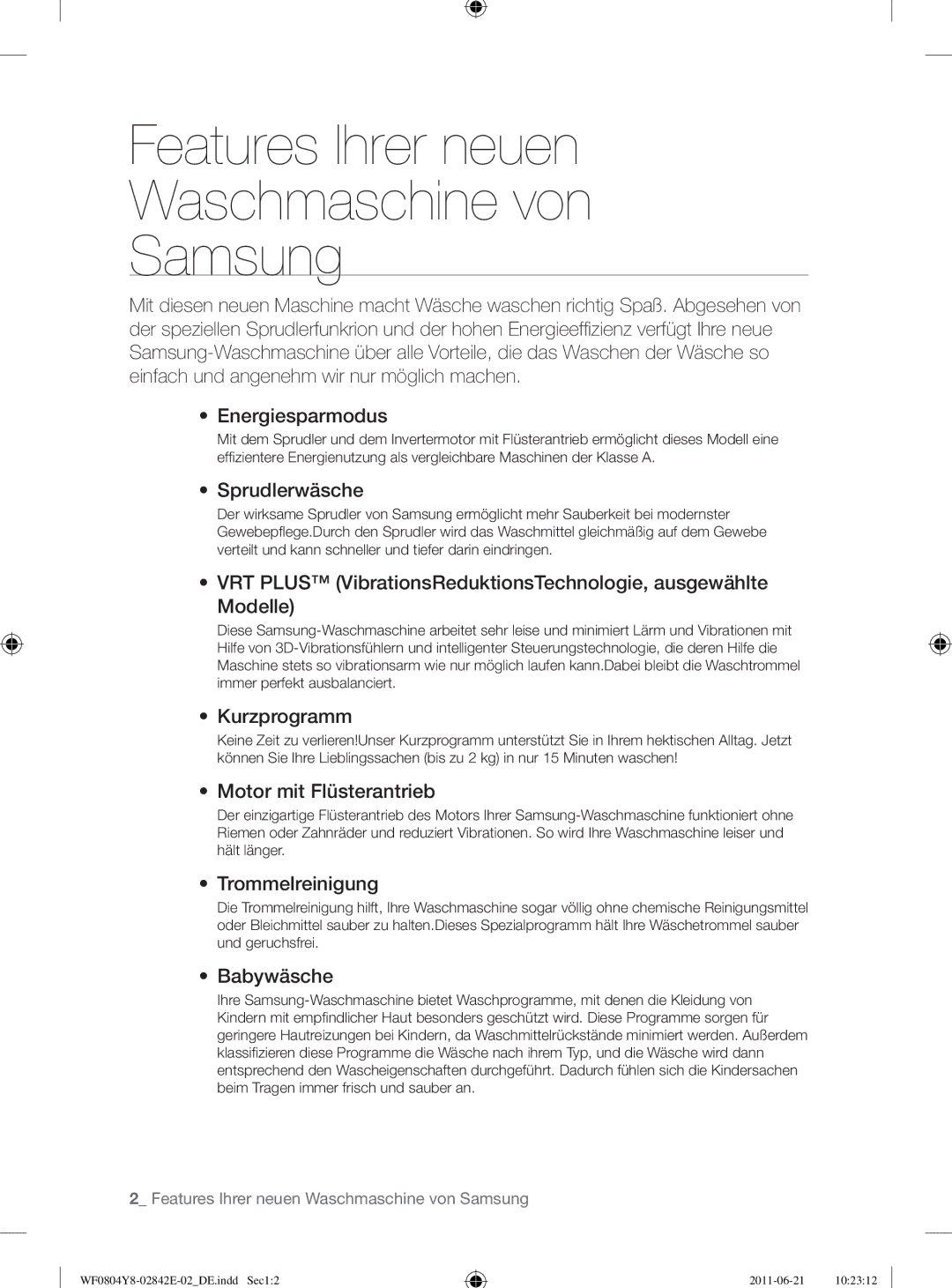 Samsung WF10824Z8V/XEG manual Features Ihrer neuen Waschmaschine von Samsung 