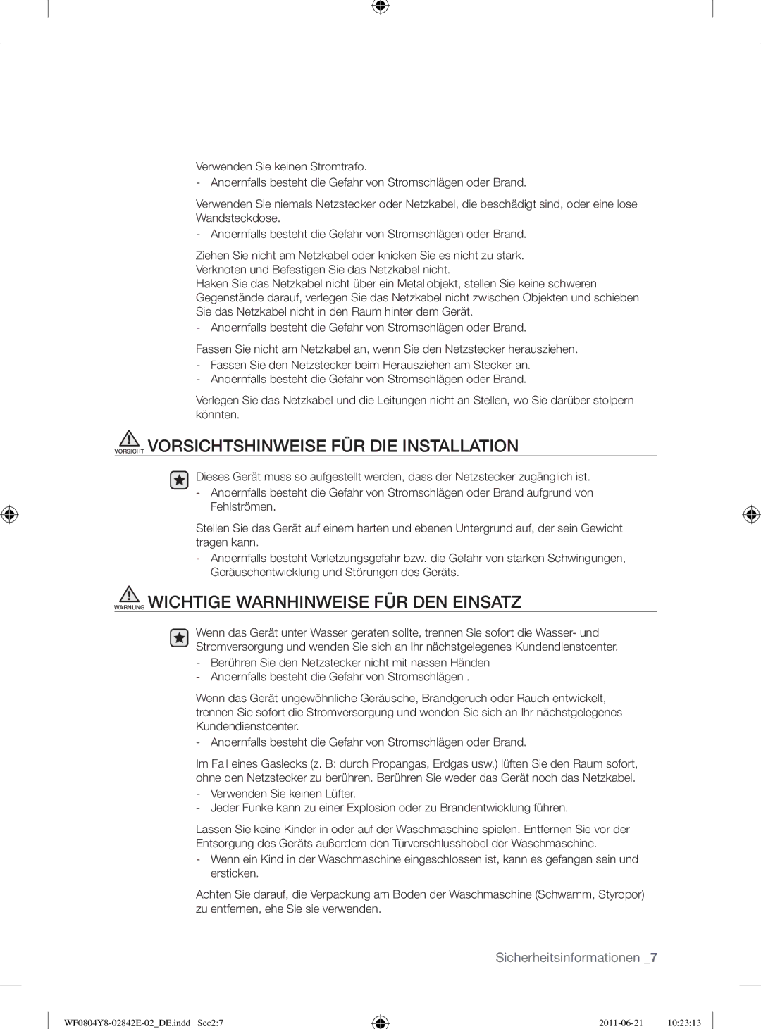 Samsung WF10824Z8V/XEG Vorsicht Vorsichtshinweise FÜR DIE Installation, Warnung Wichtige Warnhinweise FÜR DEN Einsatz 