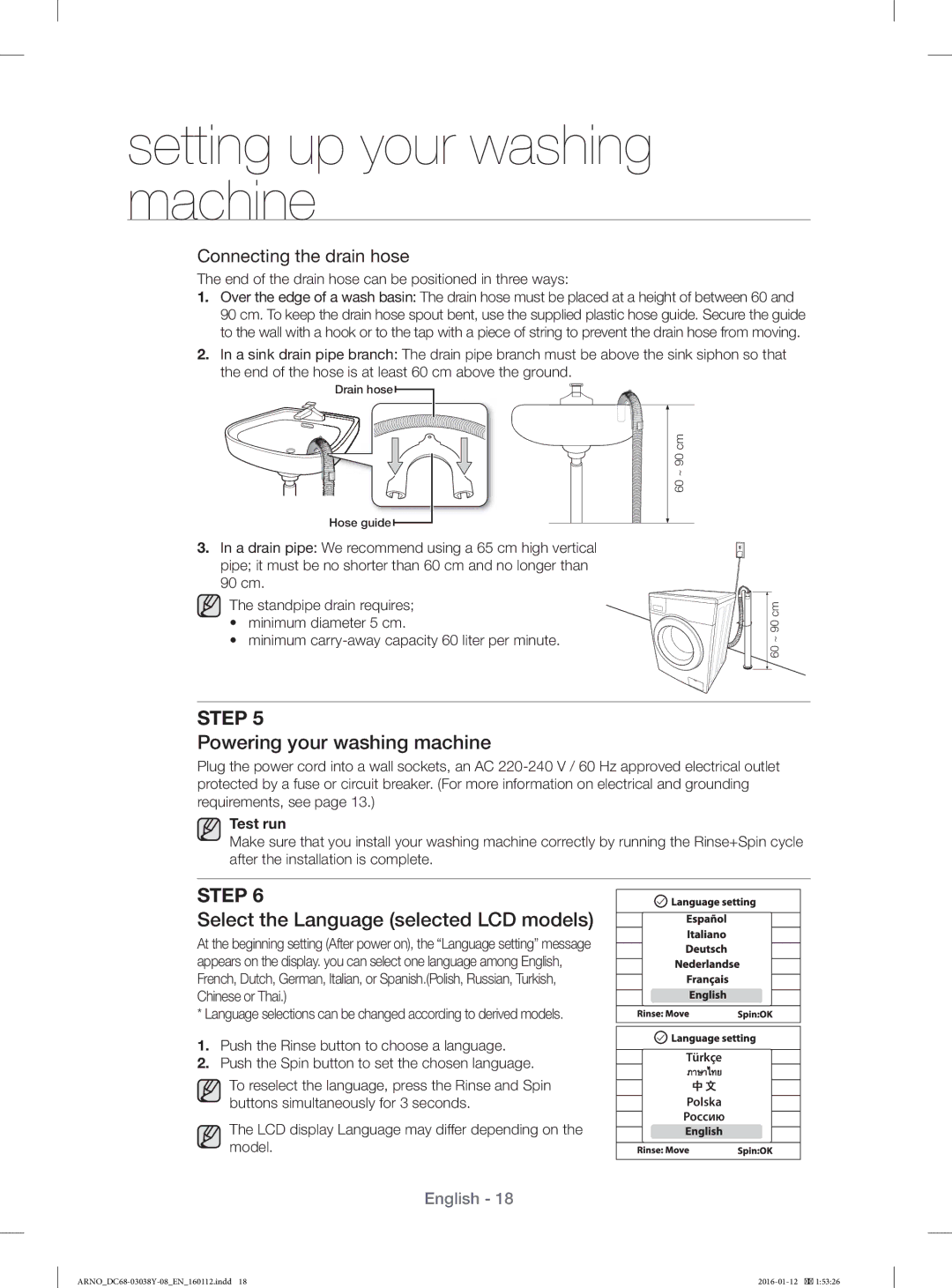 Samsung WF1104XAU/YL manual Powering your washing machine, Select the Language selected LCD models, Test run 