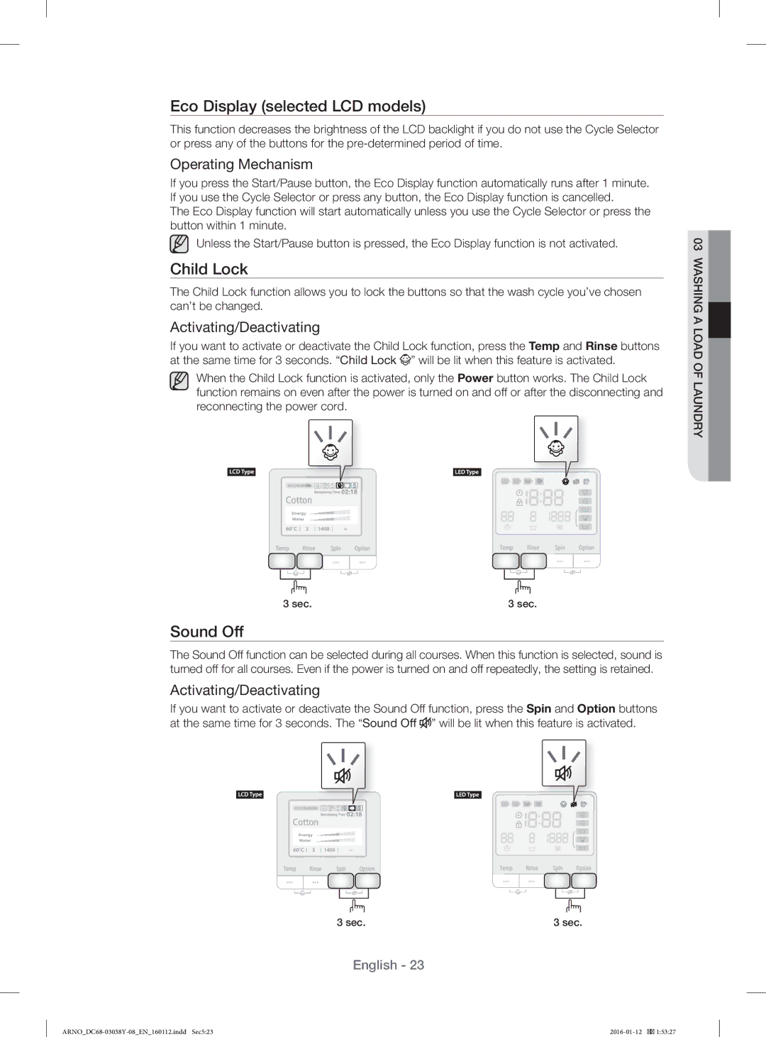 Samsung WF1104XAU/YL manual Eco Display selected LCD models, Child Lock, Sound Off 