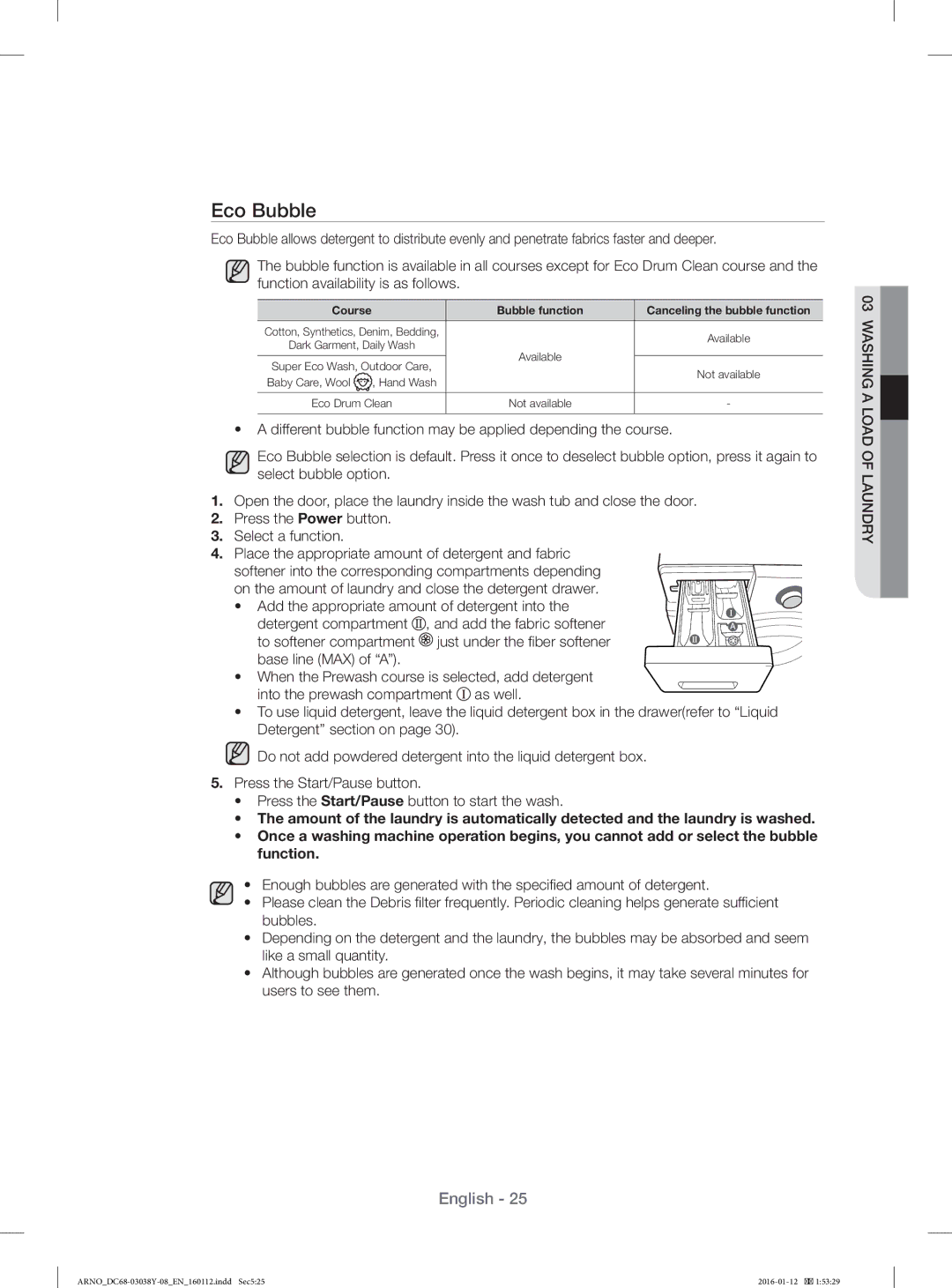 Samsung WF1104XAU/YL manual Eco Bubble, Course Bubble function Canceling the bubble function 