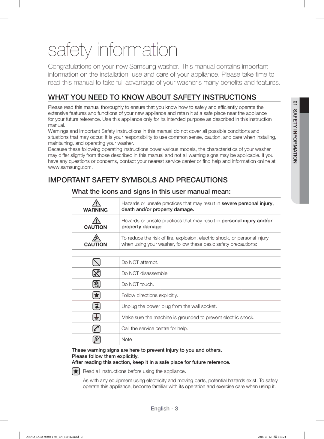 Samsung WF1104XAU/YL manual Death and/or property damage, Property damage, Do not attempt, Do not disassemble, Do not touch 