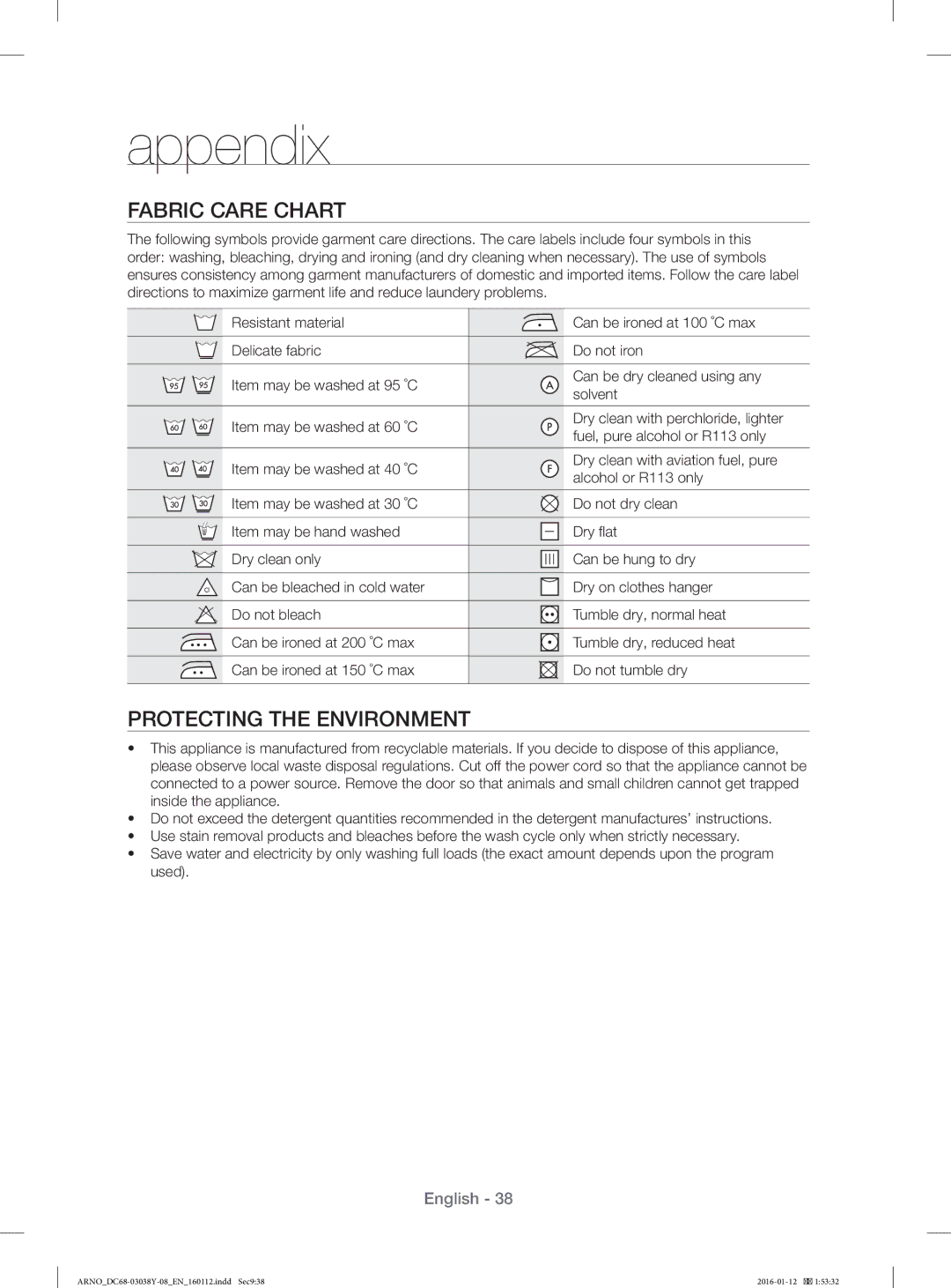 Samsung WF1104XAU/YL manual Fabric Care Chart, Protecting the Environment 