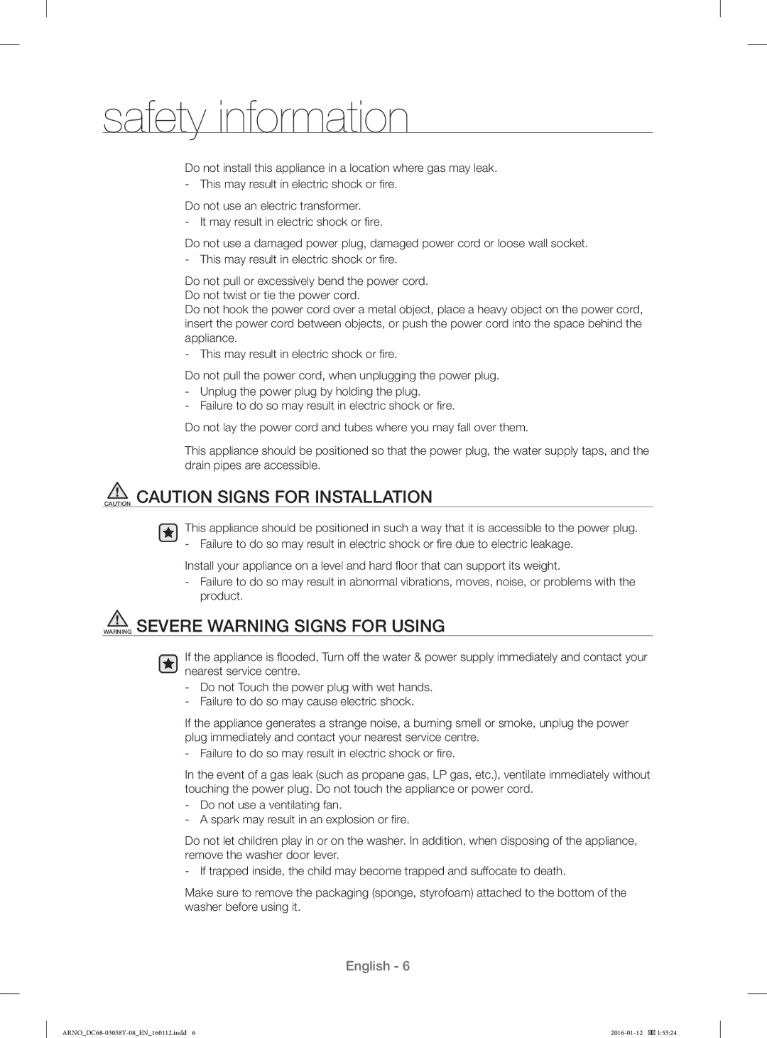 Samsung WF1104XAU/YL manual Safety information 