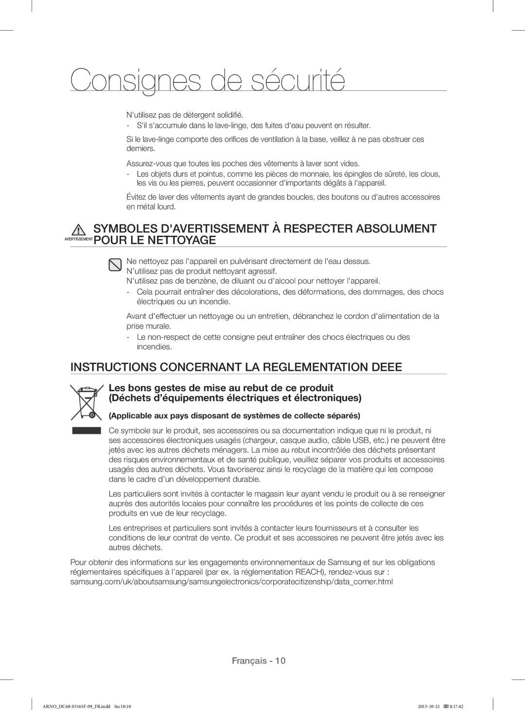 Samsung WF1114XBD/XEF manual Instructions Concernant LA Reglementation Deee 