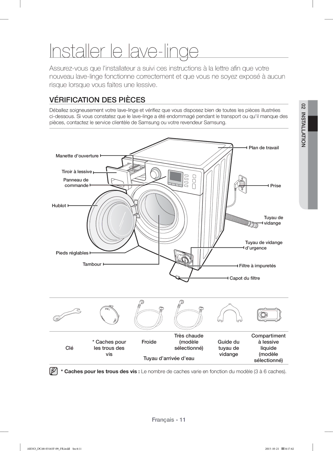 Samsung WF1114XBD/XEF manual Installer le lave-linge, Vérification DES Pièces 