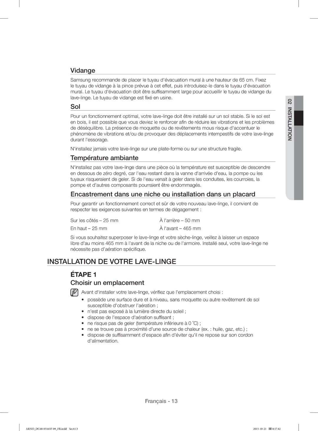 Samsung WF1114XBD/XEF manual Installation DE Votre LAVE-LINGE 