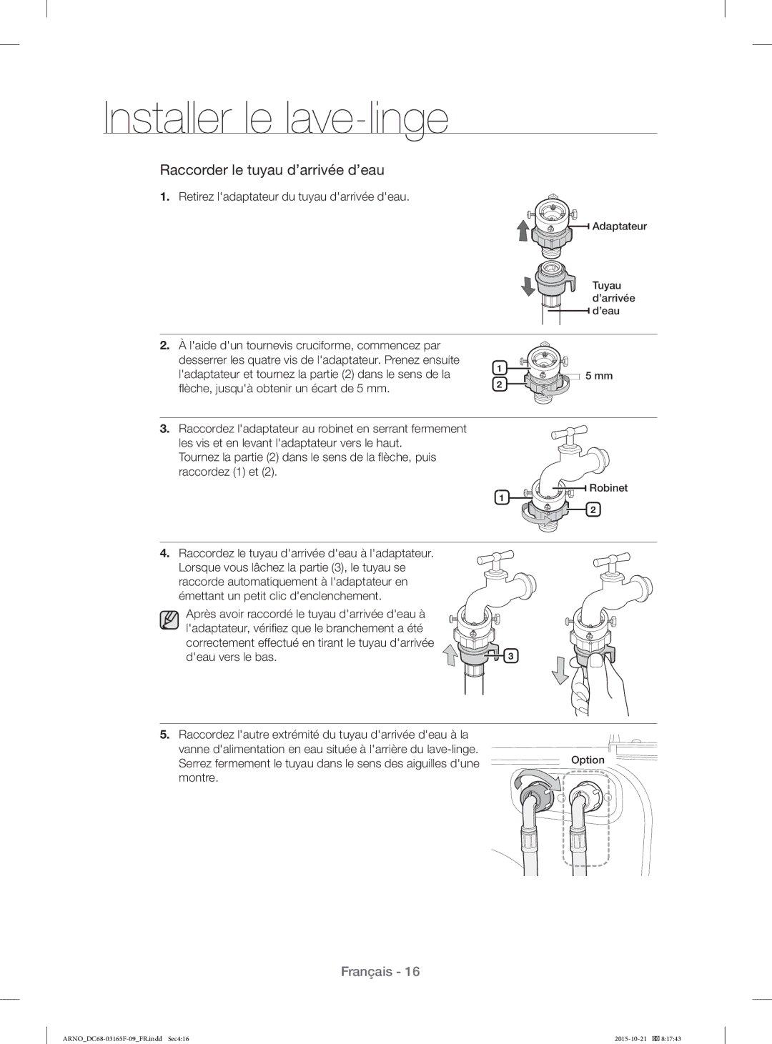 Samsung WF1114XBD/XEF manual Retirez ladaptateur du tuyau darrivée deau 