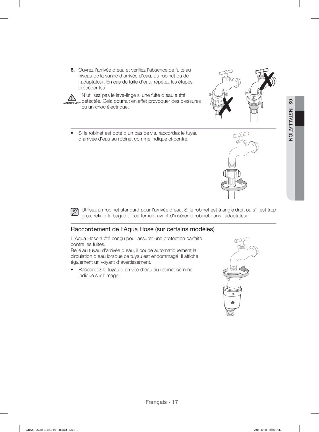 Samsung WF1114XBD/XEF manual Raccordement de lAqua Hose sur certains modèles 