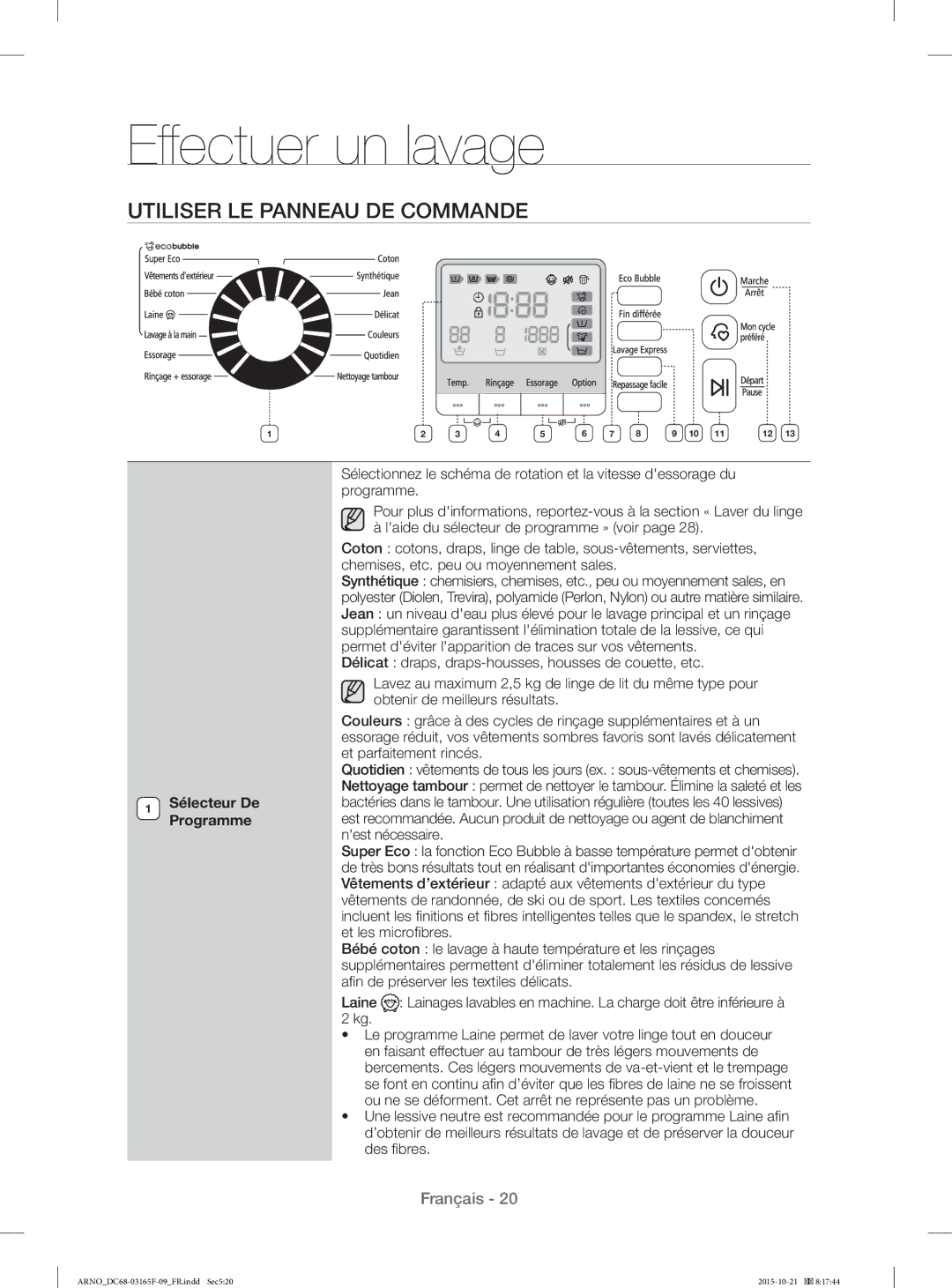 Samsung WF1114XBD/XEF manual Utiliser LE Panneau DE Commande, Sélecteur De Programme 