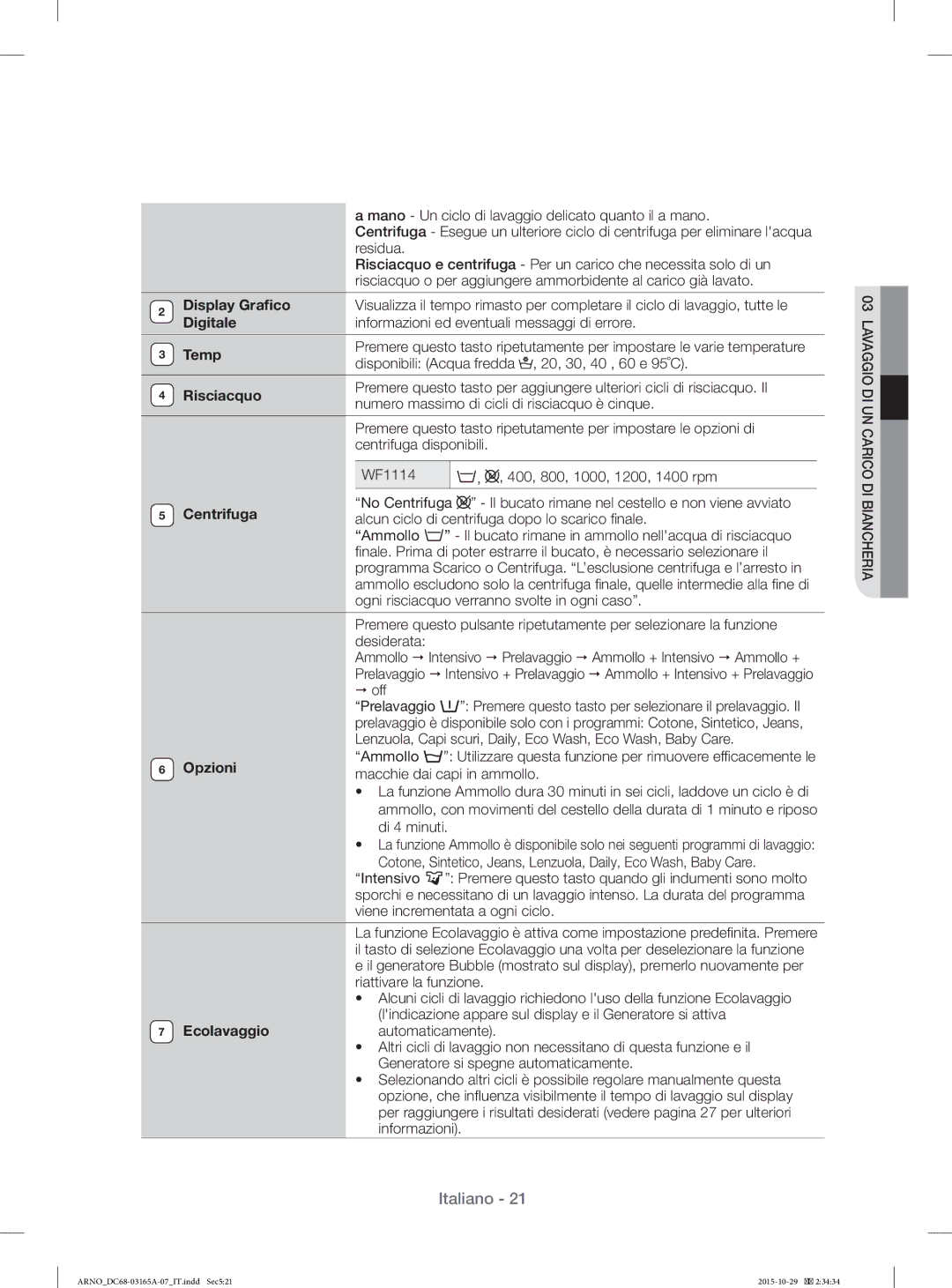 Samsung WF1114ZBD/XET manual Display Graﬁco, Digitale, Temp, Risciacquo, Opzioni, Ecolavaggio 