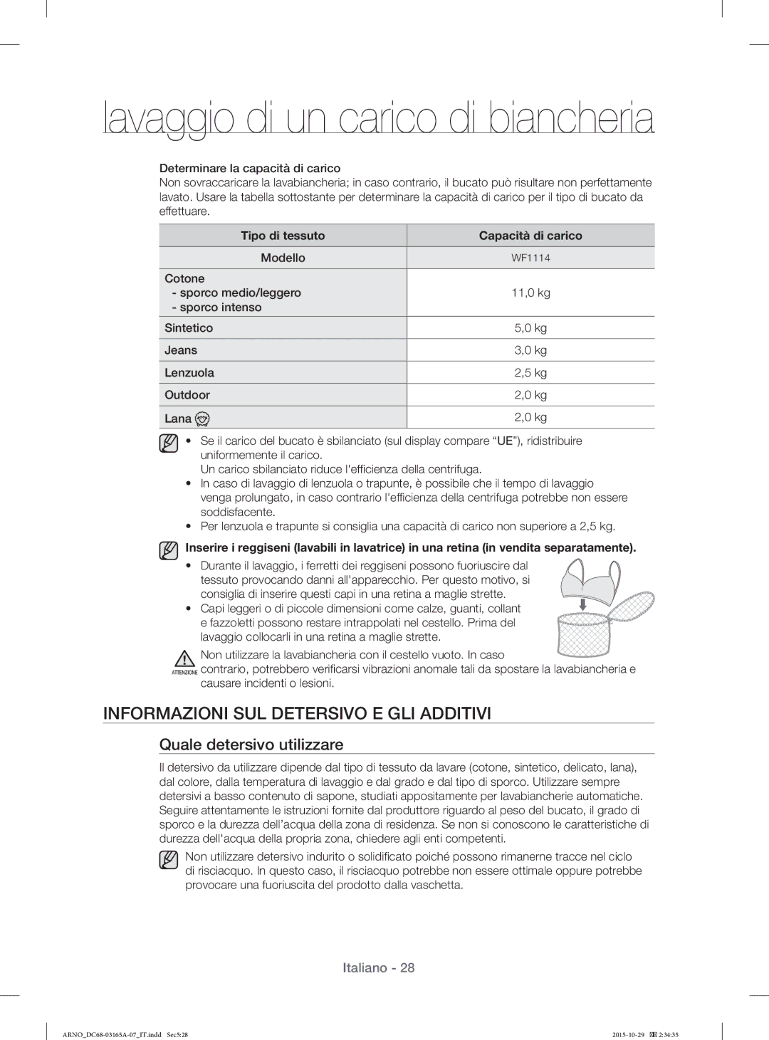 Samsung WF1114ZBD/XET manual Informazioni SUL Detersivo E GLI Additivi, Quale detersivo utilizzare, Modello 