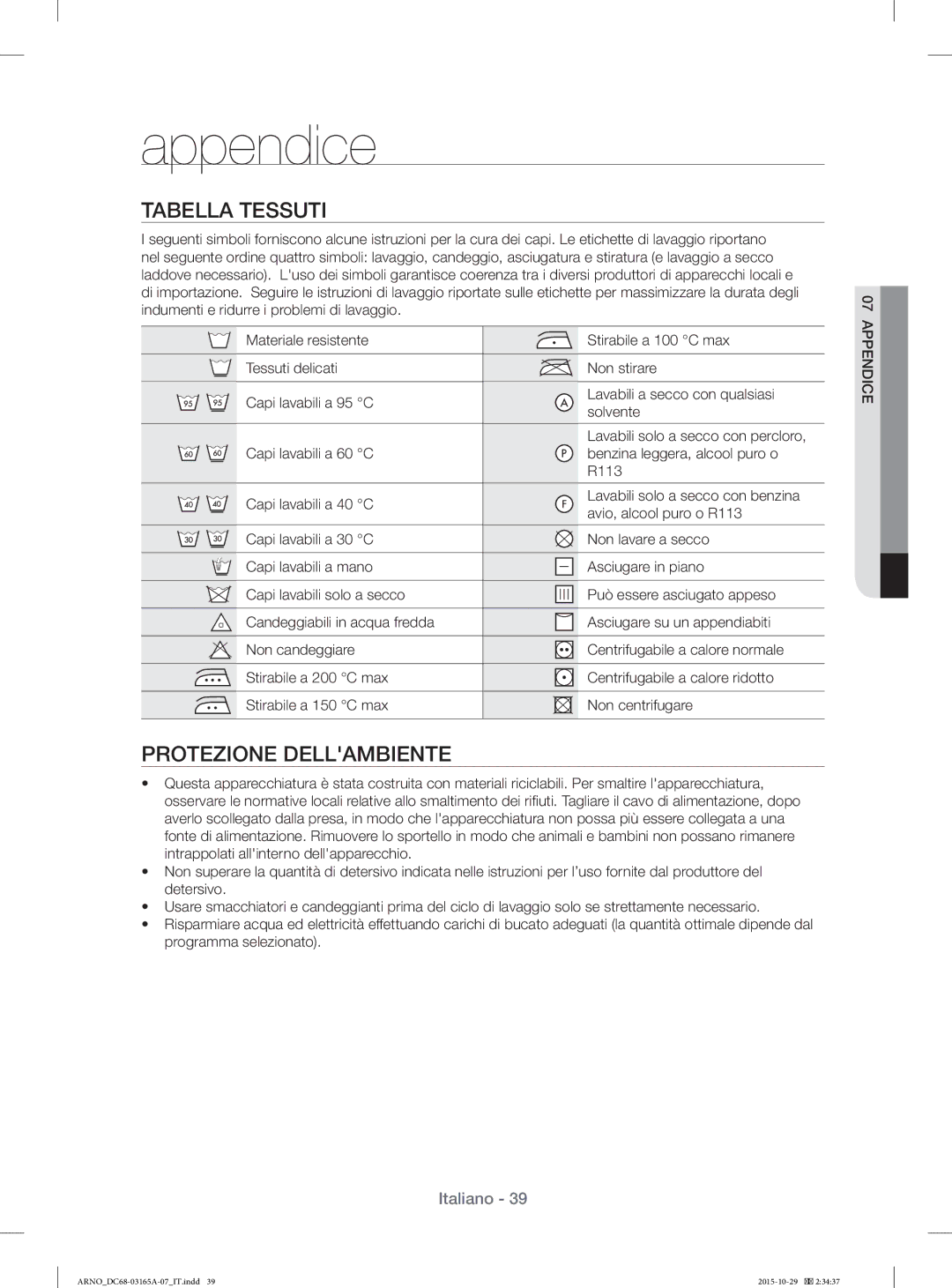 Samsung WF1114ZBD/XET manual Appendice, Tabella Tessuti, Protezione Dellambiente 