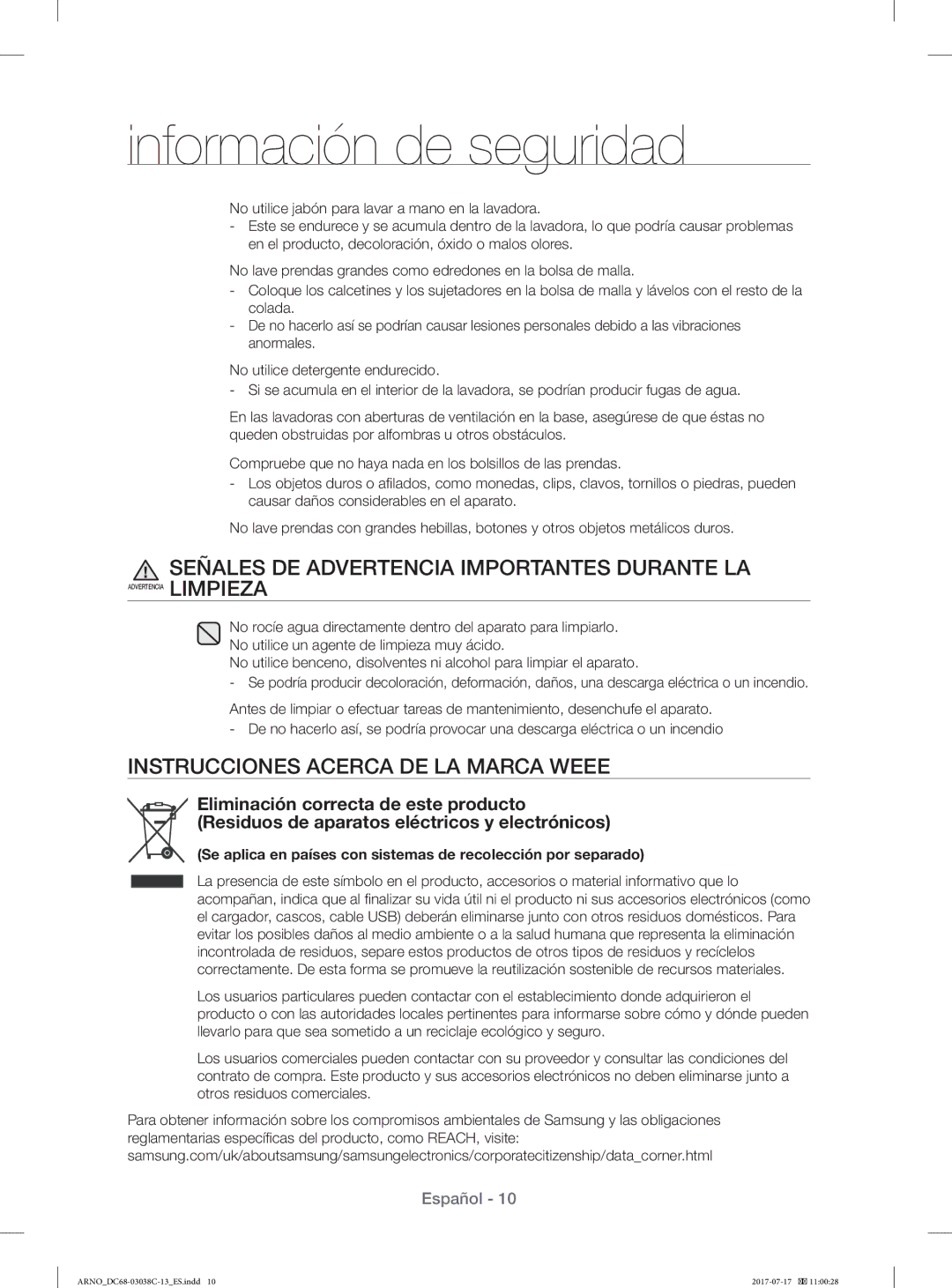 Samsung WF1124XAC/XEU, WF1124XAC/XEC Señales DE Advertencia Importantes Durante LA, Instrucciones Acerca DE LA Marca Weee 