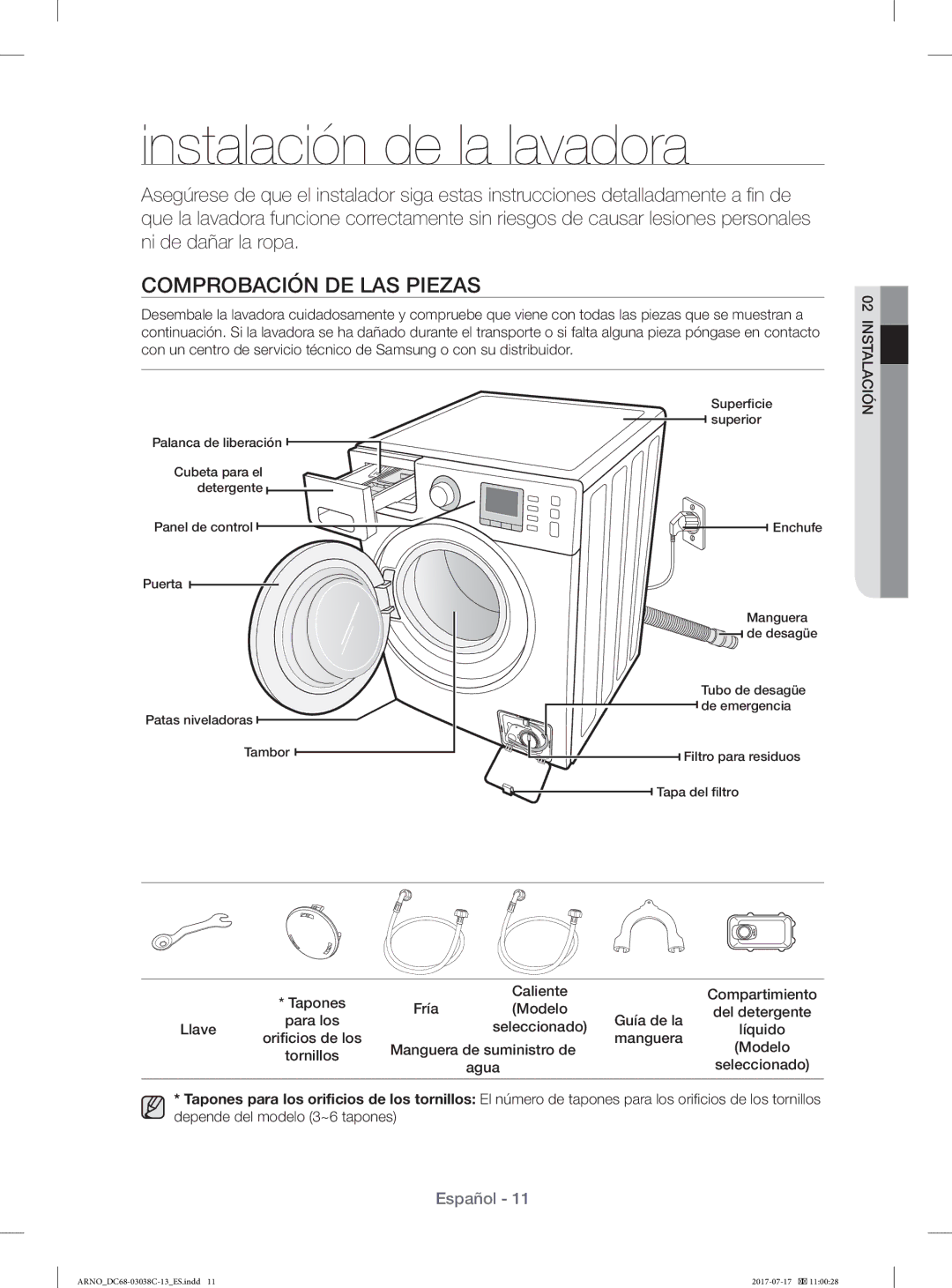 Samsung WF1124XAC/XEC, WF1124XAC/XEU manual Instalación de la lavadora, Comprobación DE LAS Piezas 