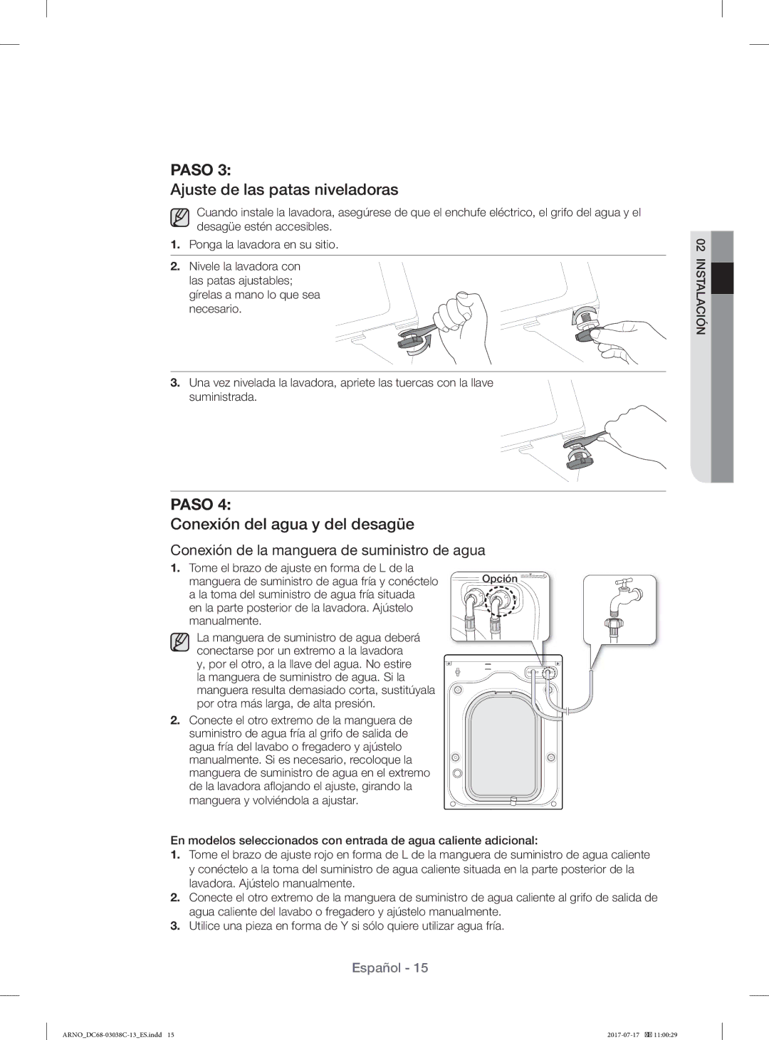 Samsung WF1124XAC/XEC, WF1124XAC/XEU manual Ajuste de las patas niveladoras, Conexión del agua y del desagüe 