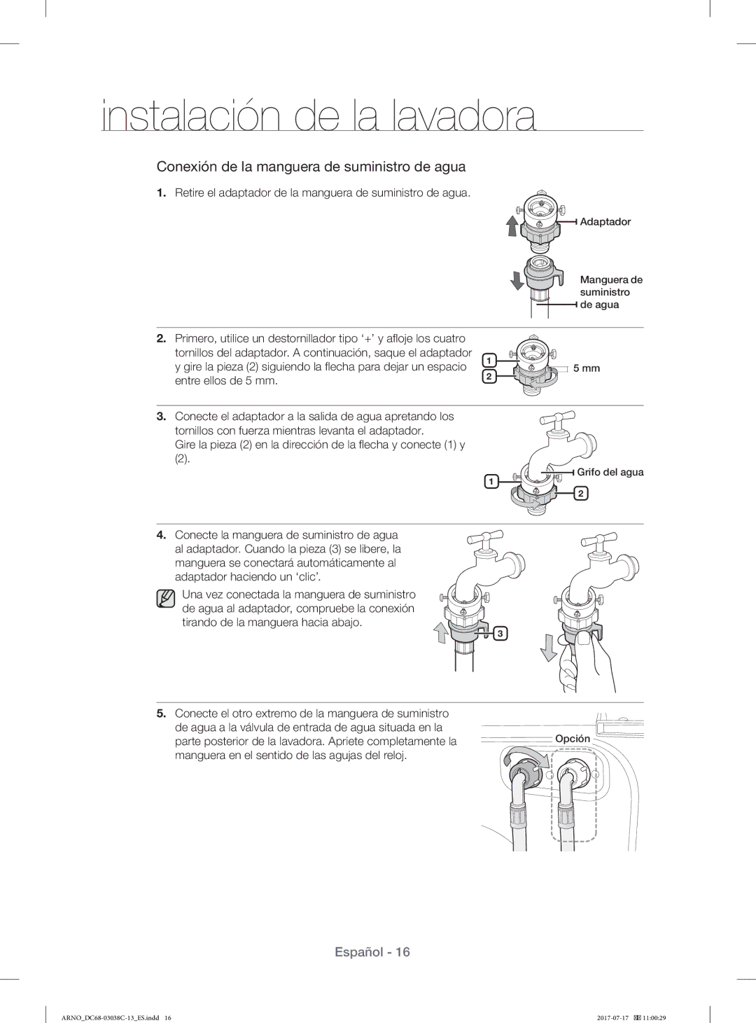 Samsung WF1124XAC/XEU, WF1124XAC/XEC manual Retire el adaptador de la manguera de suministro de agua 