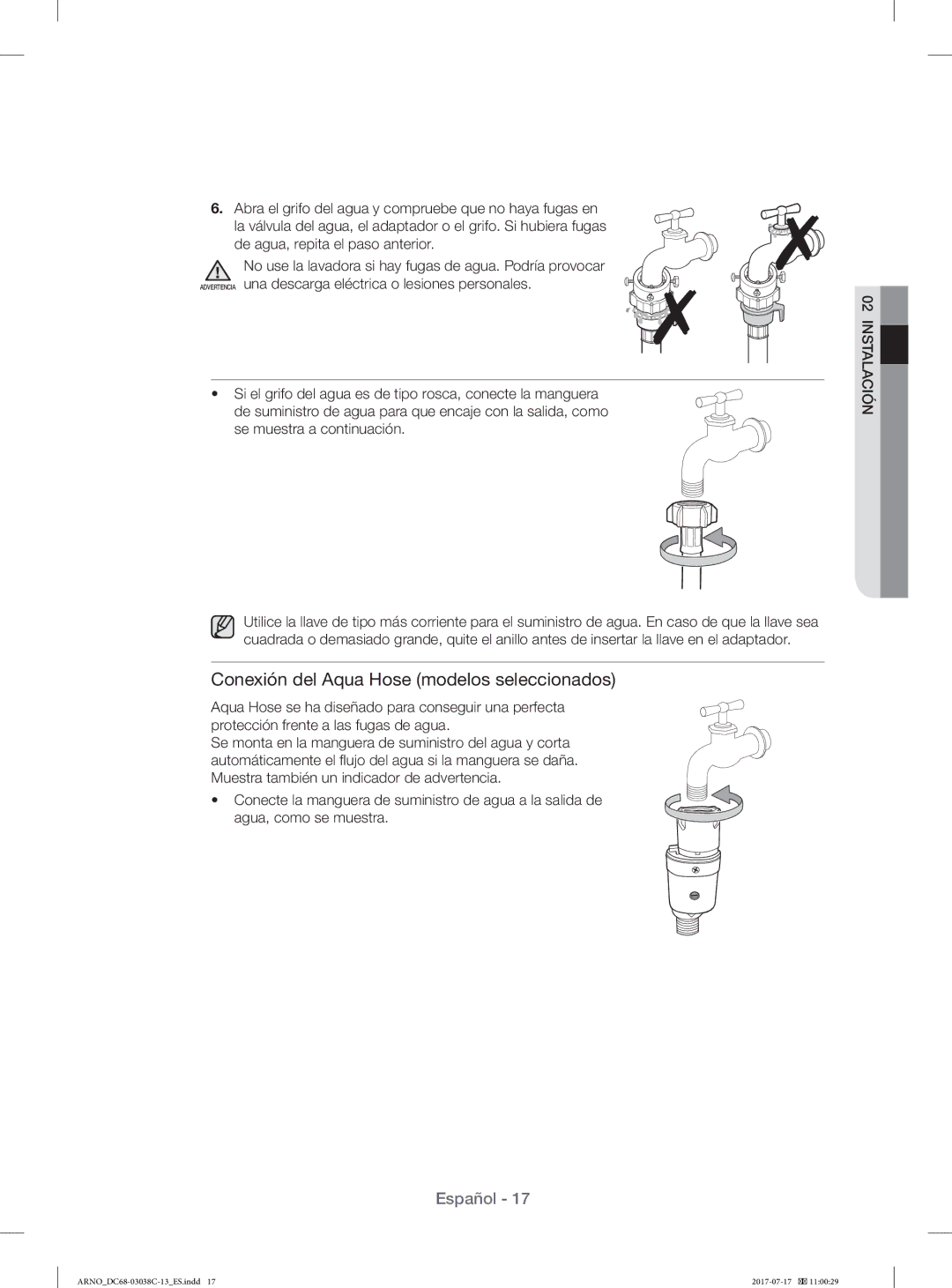 Samsung WF1124XAC/XEC manual Abra el grifo del agua y compruebe que no haya fugas en, De agua, repita el paso anterior 