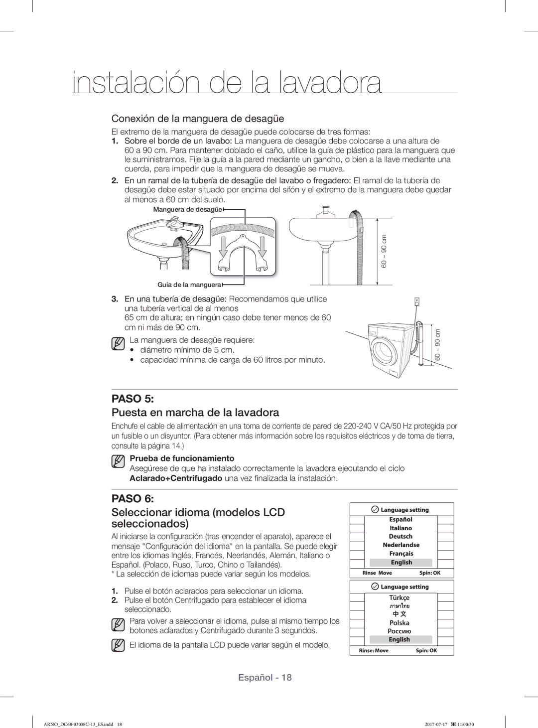 Samsung WF1124XAC/XEU, WF1124XAC/XEC manual Puesta en marcha de la lavadora, Seleccionar idioma modelos LCD seleccionados 