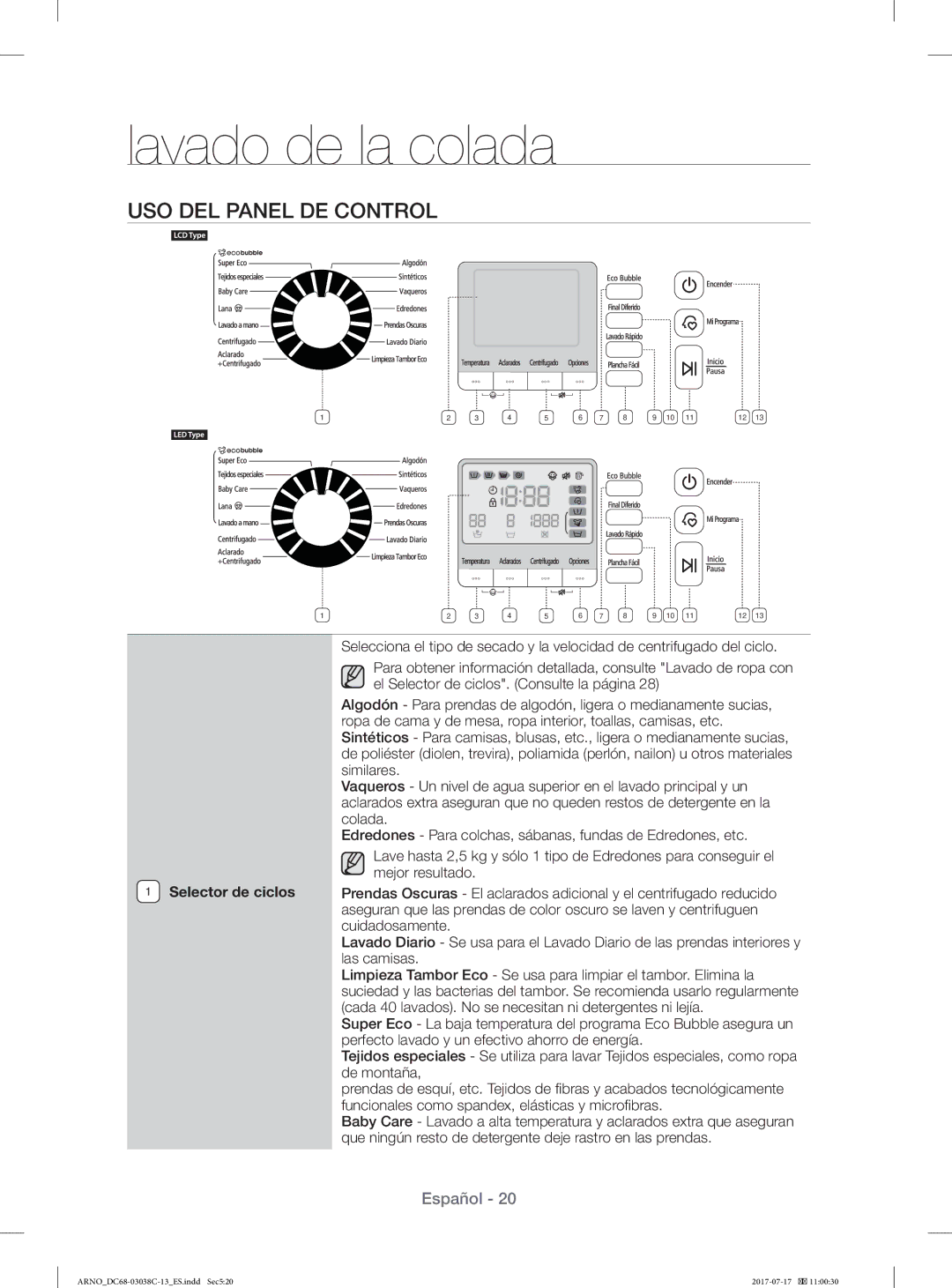 Samsung WF1124XAC/XEU, WF1124XAC/XEC manual USO DEL Panel DE Control 