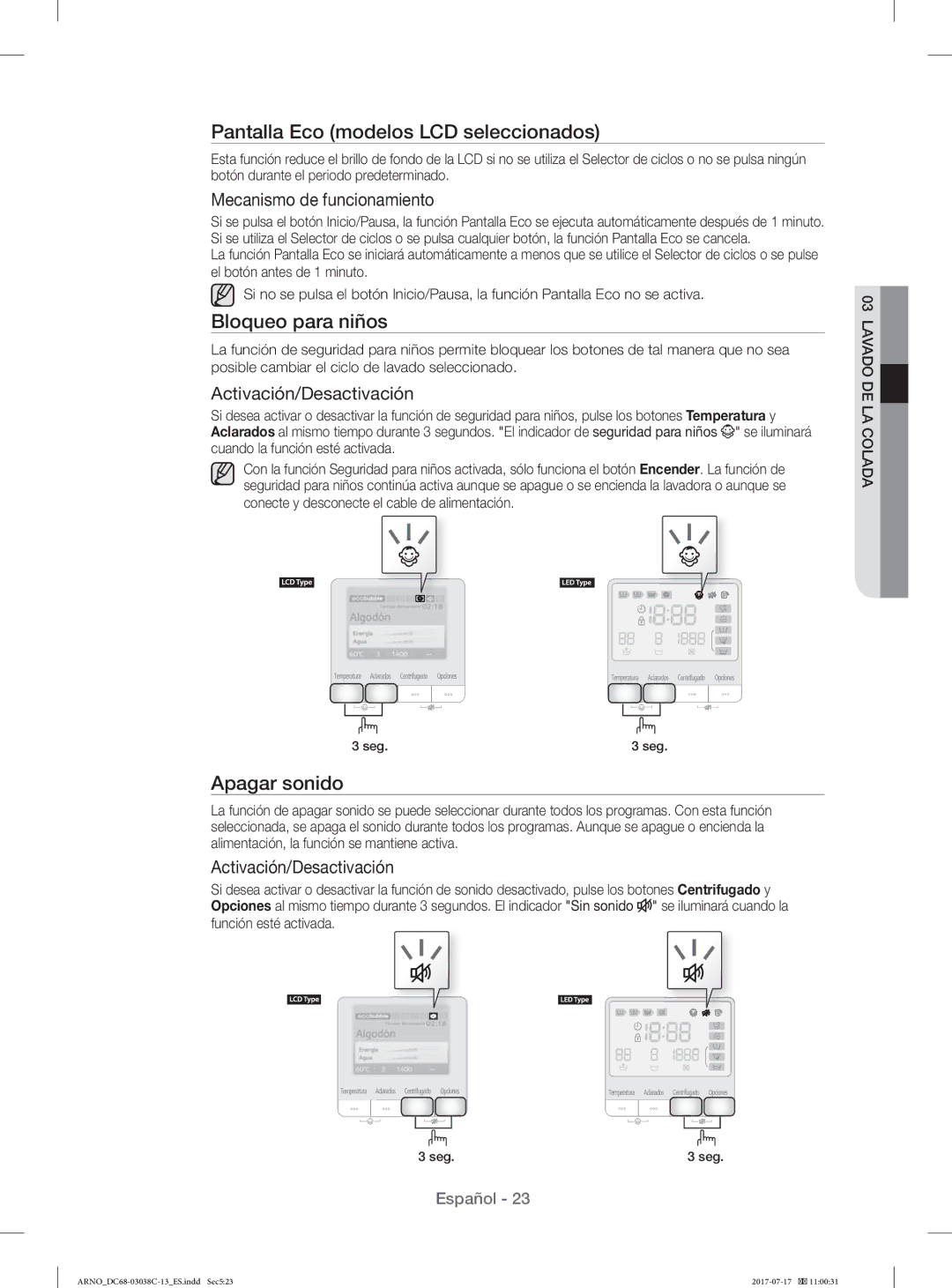 Samsung WF1124XAC/XEC, WF1124XAC/XEU manual Pantalla Eco modelos LCD seleccionados, Bloqueo para niños, Apagar sonido 